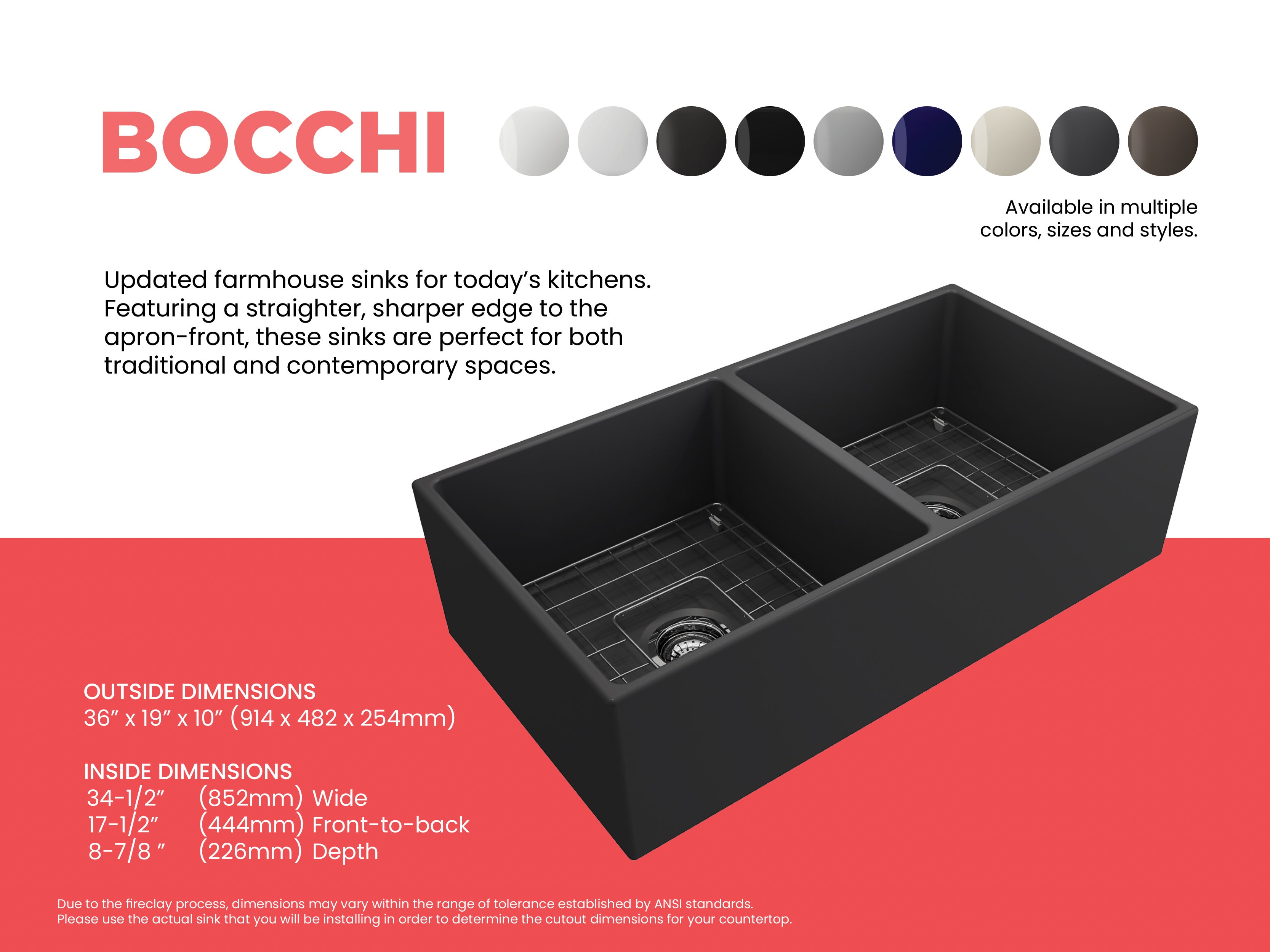BOCCHI Contempo 36" Fireclay Farmhouse Apron 50/50 Double Bowl Kitchen Sink, Matte Dark Gray, 1350-020-0120