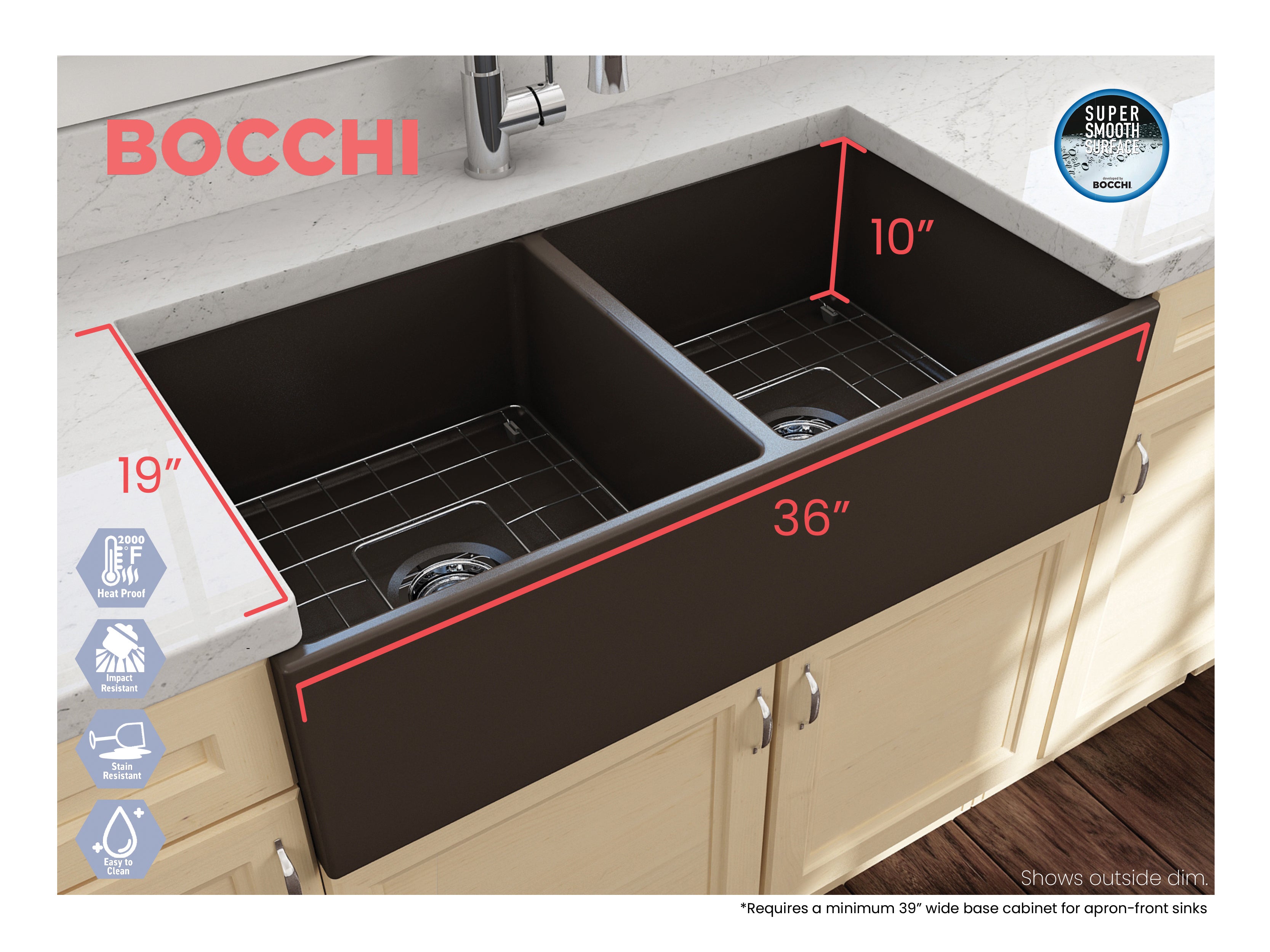 BOCCHI Contempo 36" Fireclay Farmhouse Apron 50/50 Double Bowl Kitchen Sink, Matte Brown, 1350-025-0120