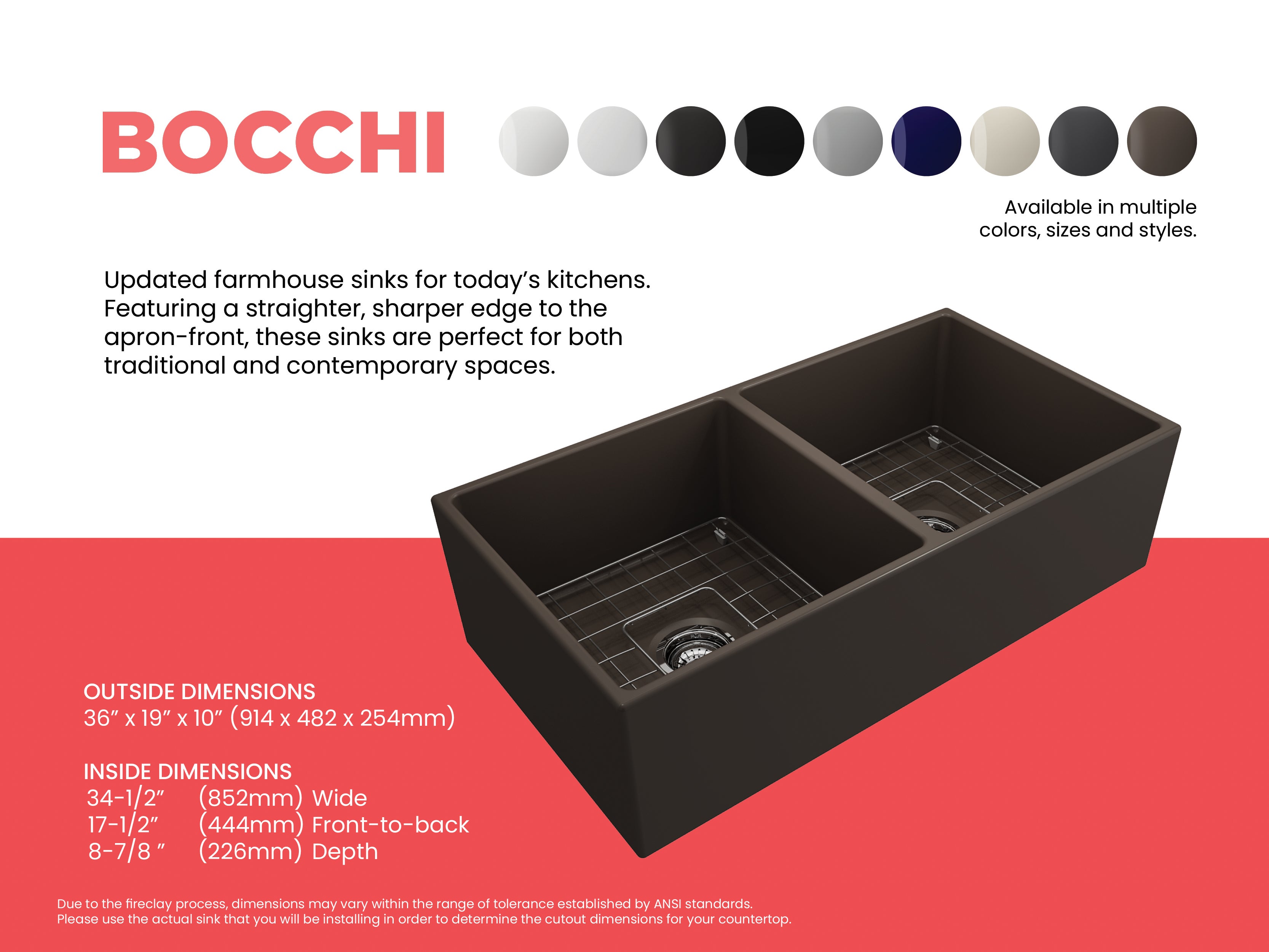 BOCCHI Contempo 36" Fireclay Farmhouse Apron 50/50 Double Bowl Kitchen Sink, Matte Brown, 1350-025-0120