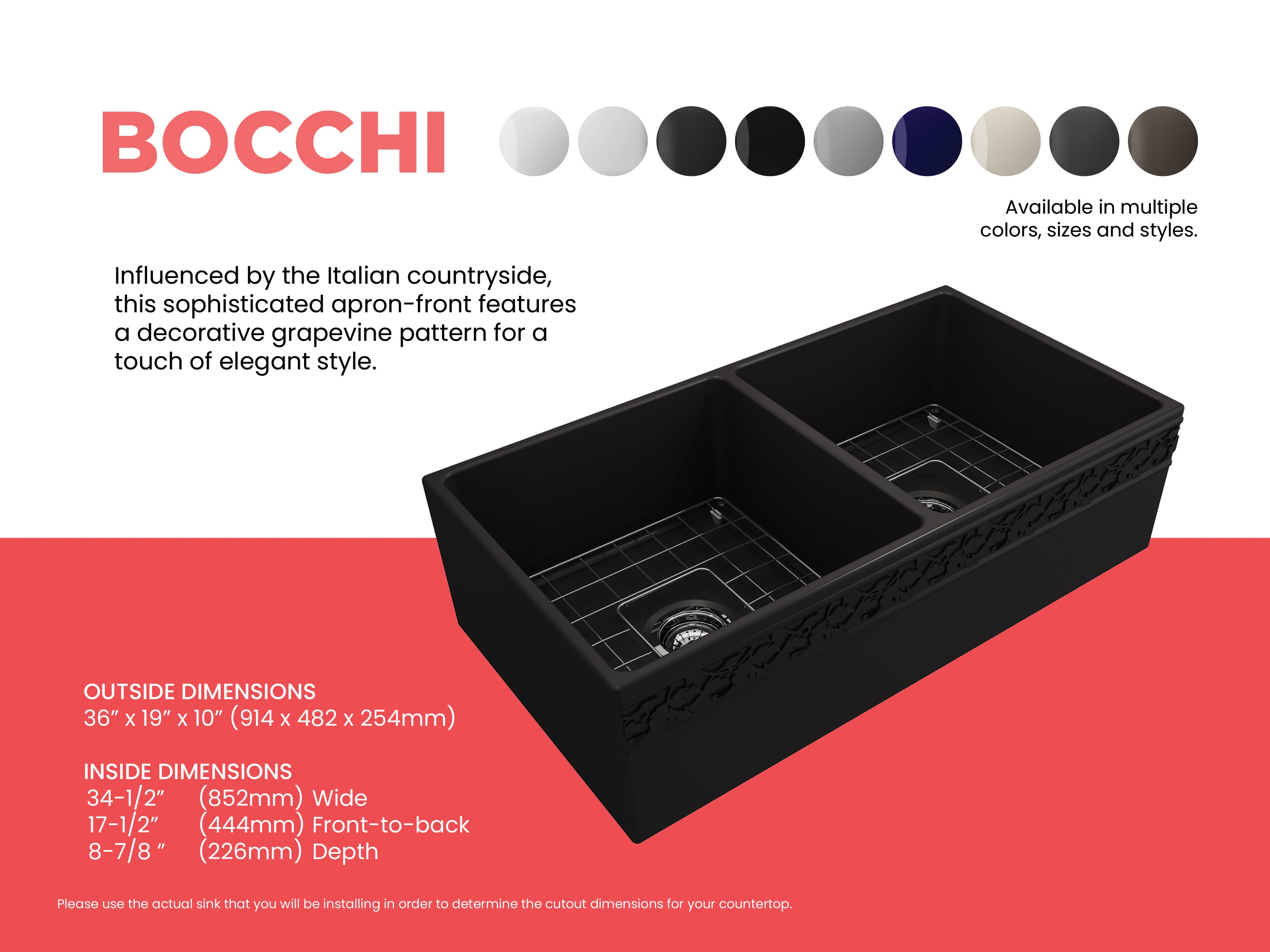 BOCCHI Vigneto 36" Fireclay Farmhouse Apron 50/50 Double Bowl Kitchen Sink, Matte Black, 1351-004-0120