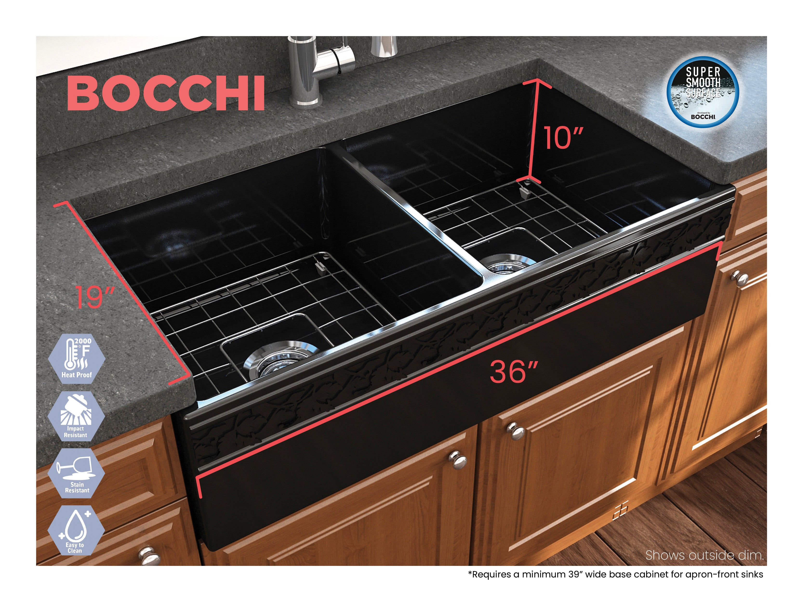 BOCCHI Vigneto 36" Fireclay Farmhouse Apron 50/50 Double Bowl Kitchen Sink, Black, 1351-005-0120