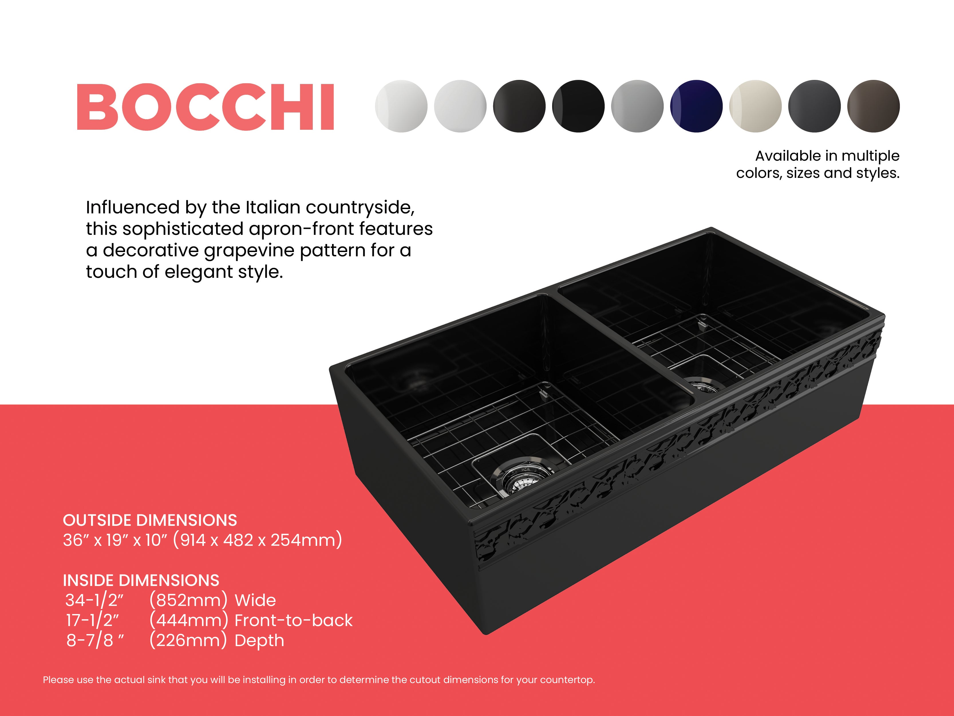BOCCHI Vigneto 36" Fireclay Farmhouse Apron 50/50 Double Bowl Kitchen Sink, Black, 1351-005-0120