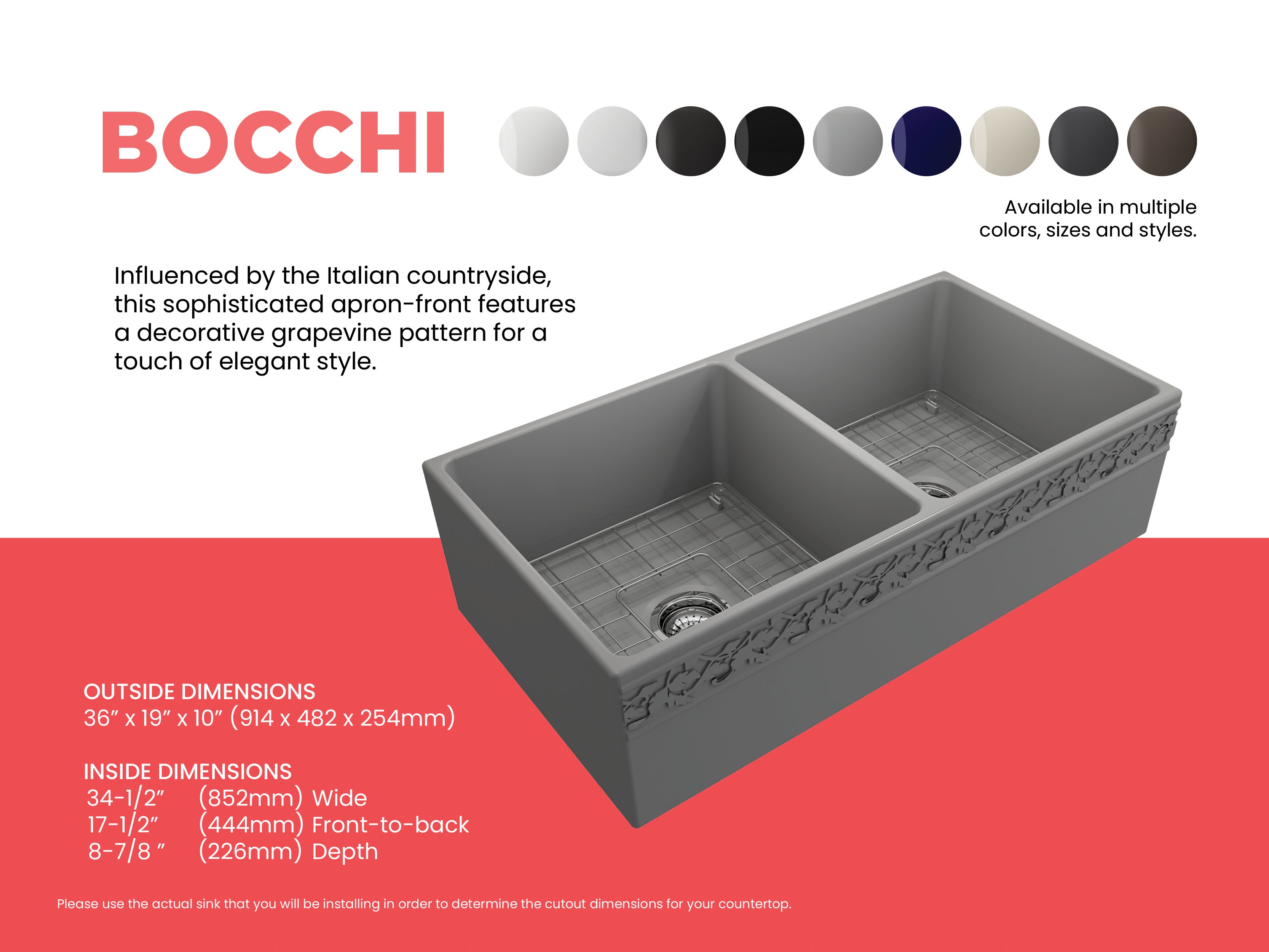 BOCCHI Vigneto 36" Fireclay Farmhouse Apron 50/50 Double Bowl Kitchen Sink, Matte Gray, 1351-006-0120