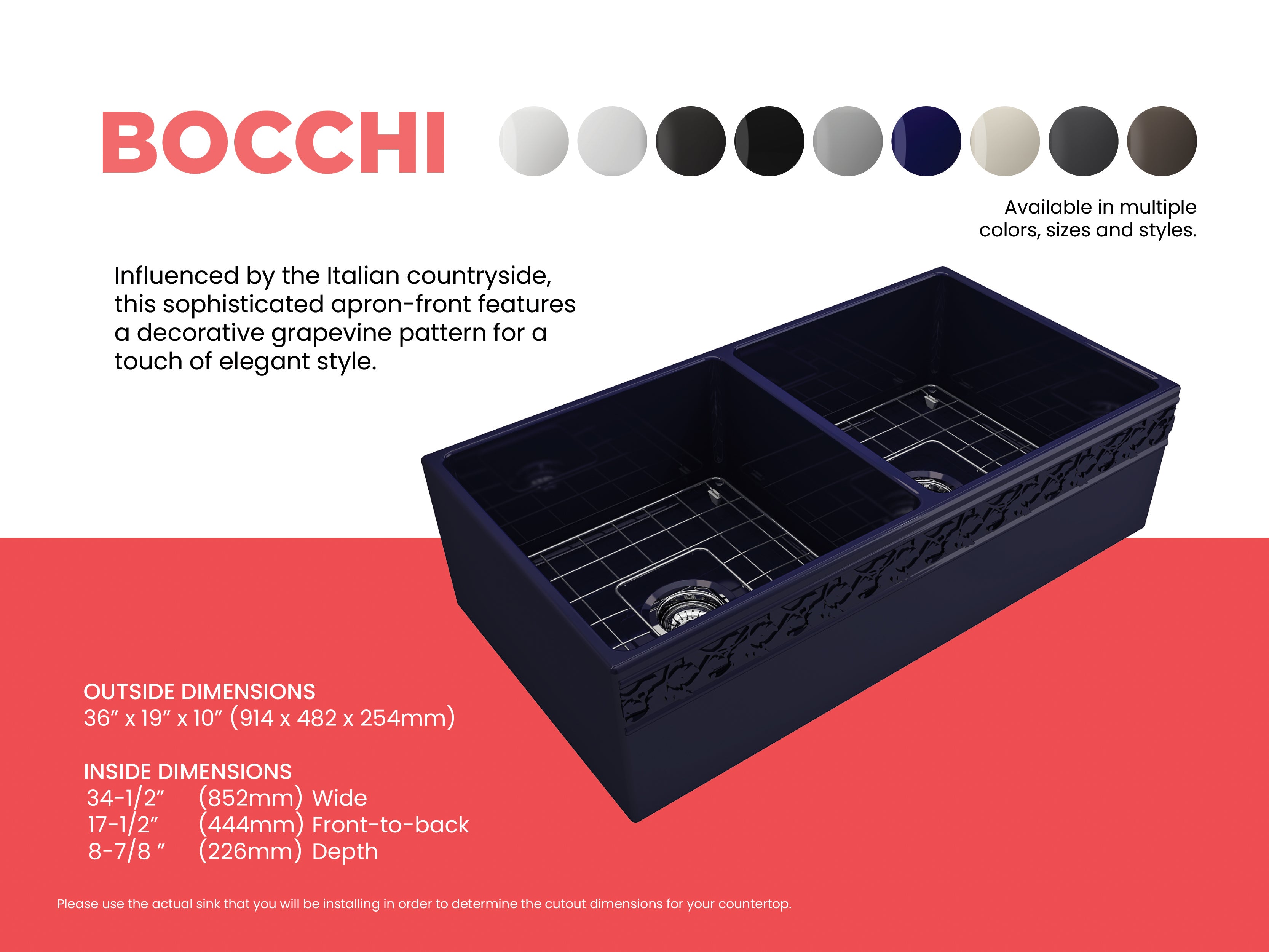 BOCCHI Vigneto 36" Fireclay Farmhouse Apron 50/50 Double Bowl Kitchen Sink, Sapphire Blue, 1351-010-0120