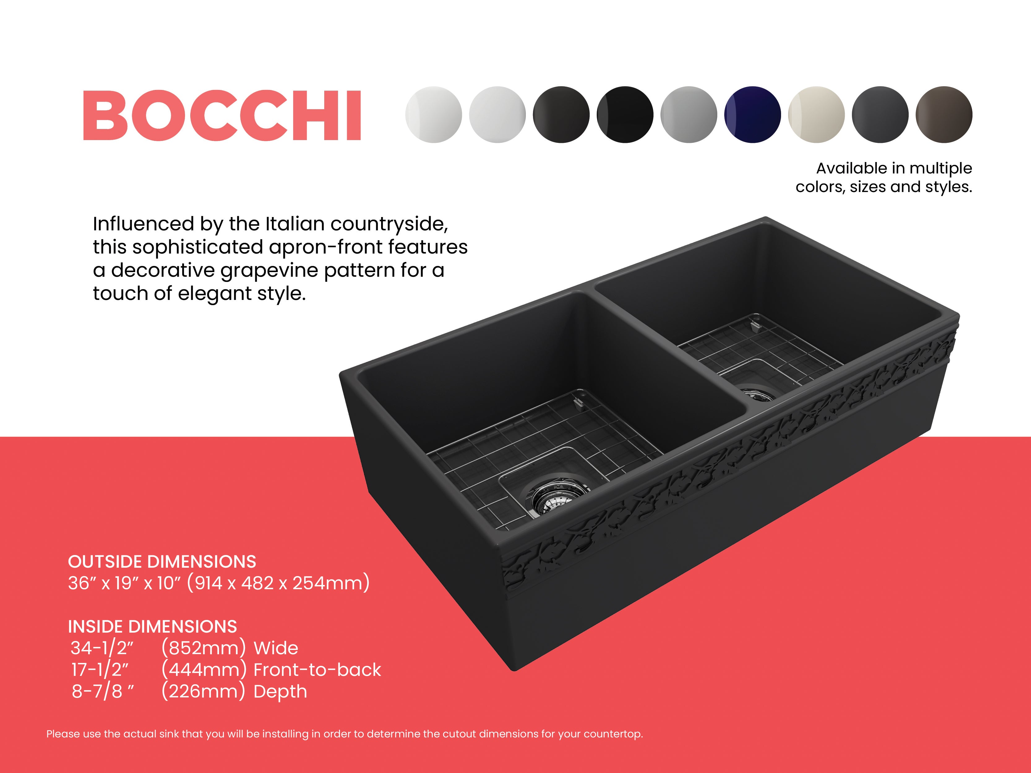 BOCCHI Vigneto 36" Fireclay Farmhouse Apron 50/50 Double Bowl Kitchen Sink, Matte Dark Gray, 1351-020-0120