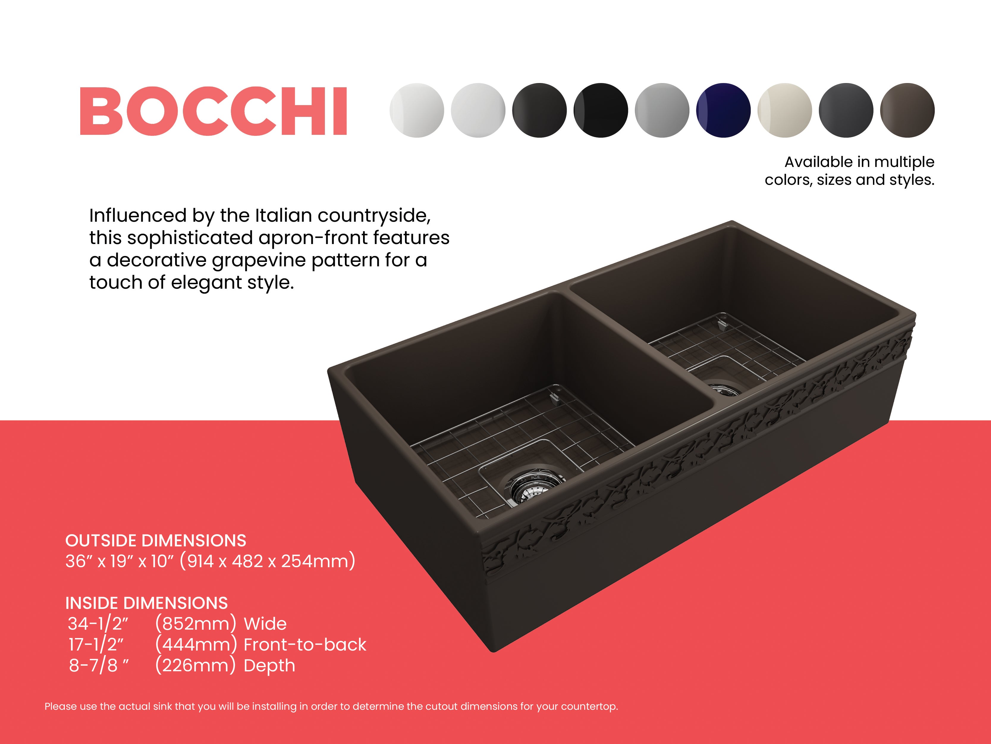 BOCCHI Vigneto 36" Fireclay Farmhouse Apron 50/50 Double Bowl Kitchen Sink, Matte Brown, 1351-025-0120
