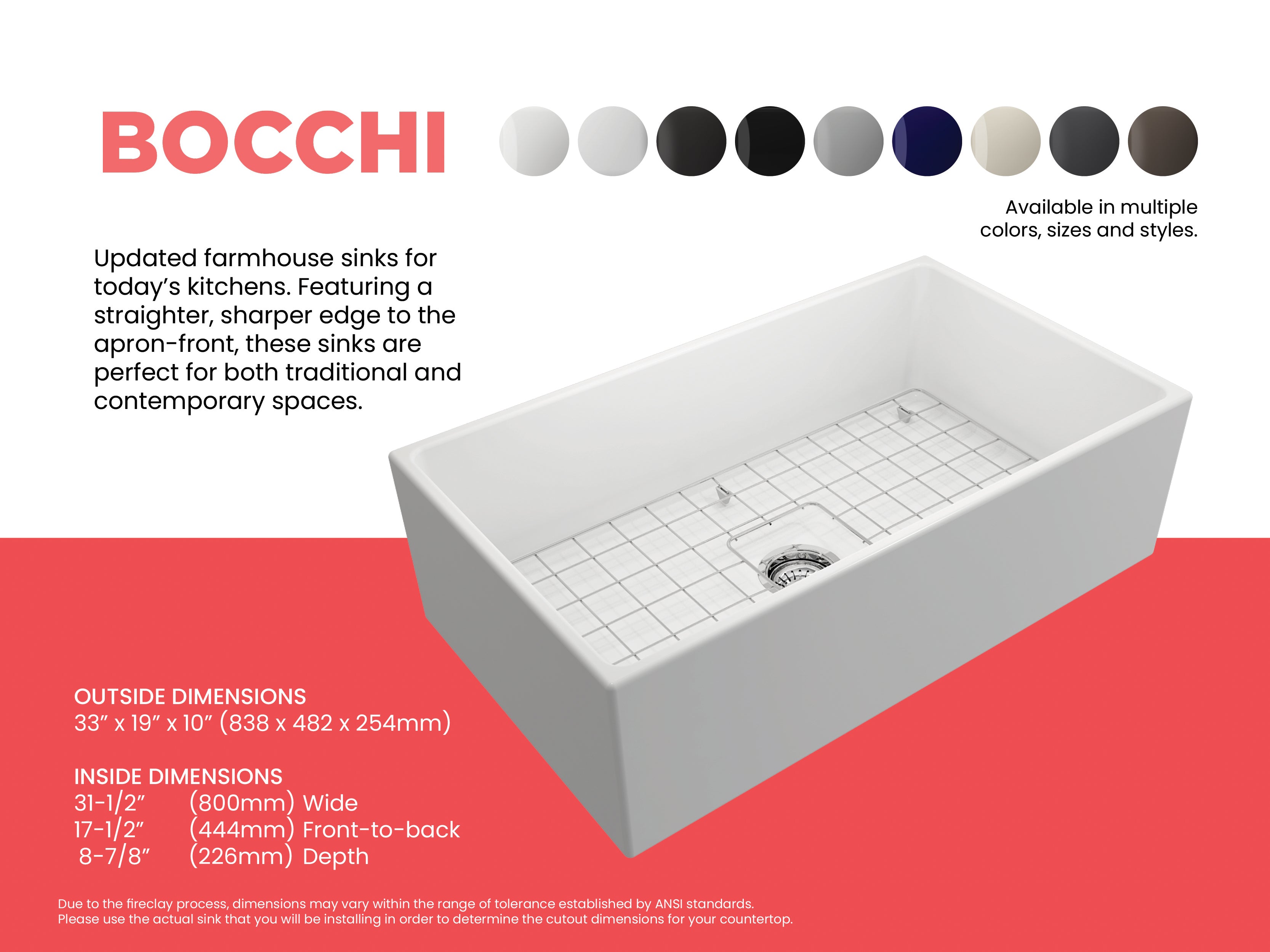 BOCCHI Contempo 33" Fireclay Farmhouse Apron Single Bowl Kitchen Sink, Matte White, 1352-002-0120