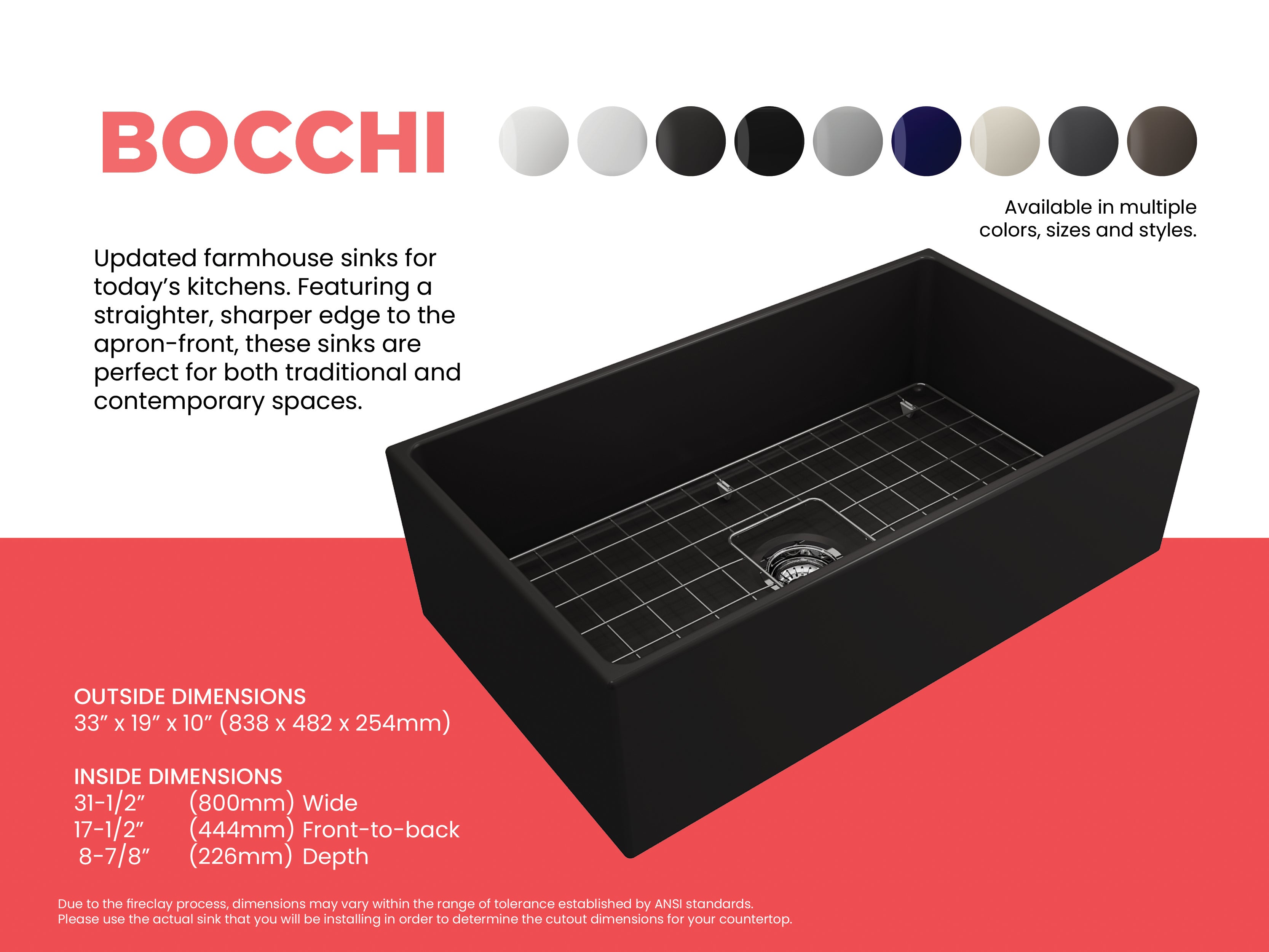 BOCCHI Contempo 33" Fireclay Farmhouse Apron Single Bowl Kitchen Sink, Matte Black, 1352-004-0120