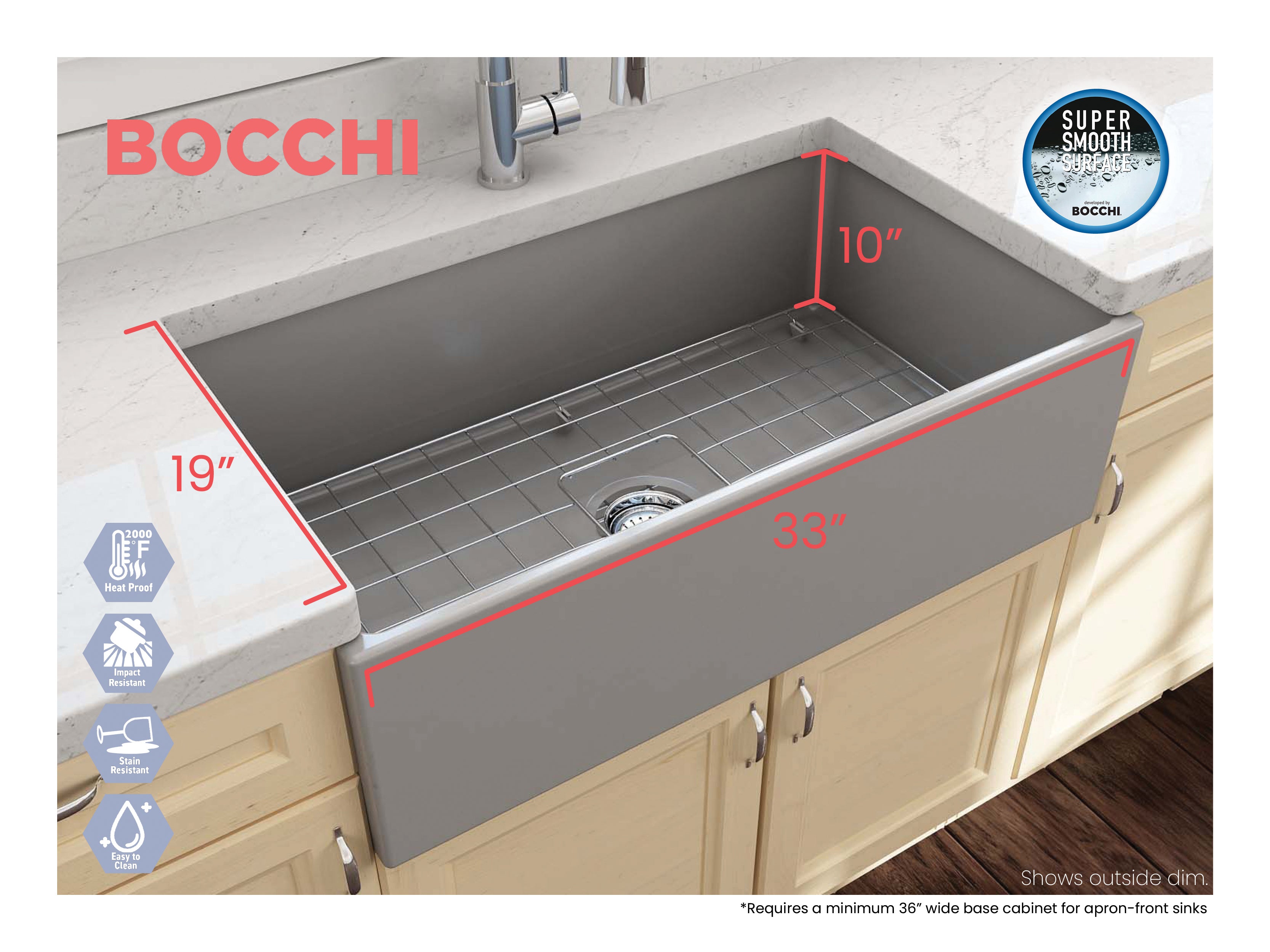 BOCCHI Contempo 33" Fireclay Farmhouse Apron Single Bowl Kitchen Sink, Matte Gray, 1352-006-0120