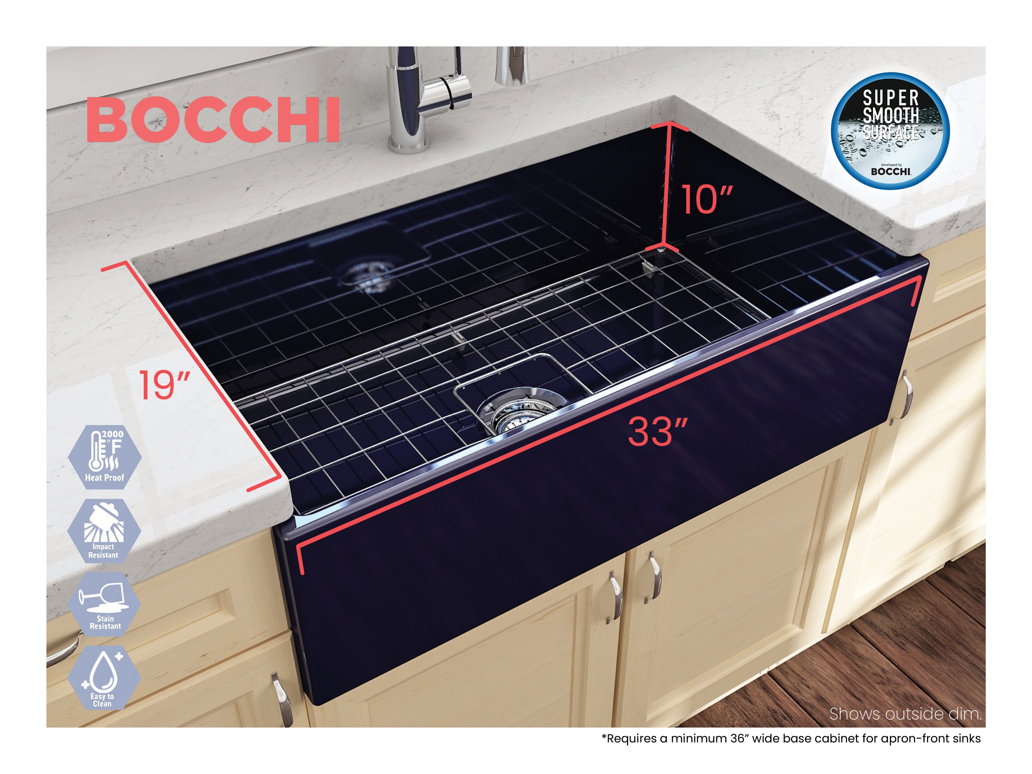 BOCCHI Contempo 33" Fireclay Farmhouse Apron Single Bowl Kitchen Sink, Sapphire Blue, 1352-010-0120