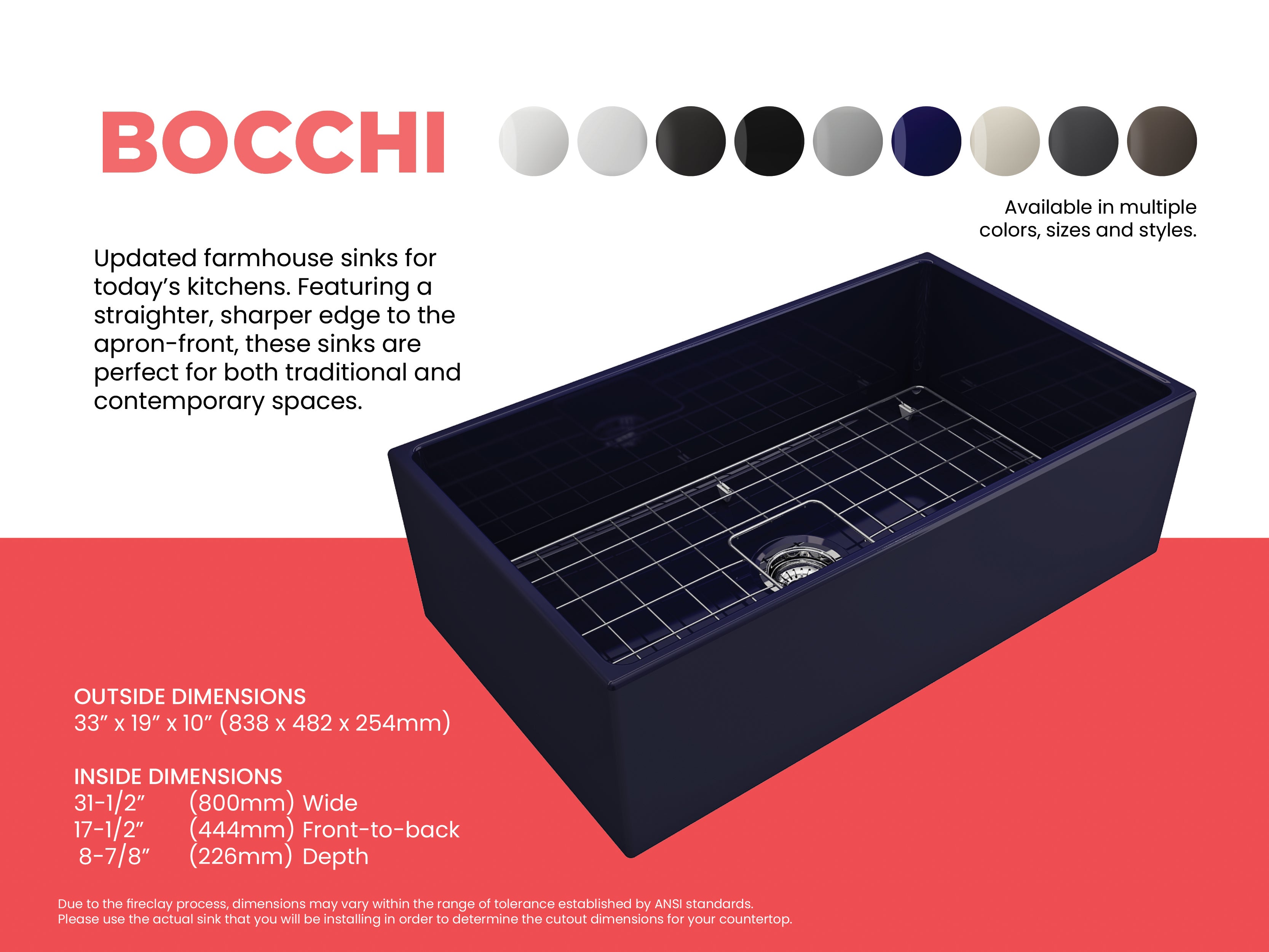 BOCCHI Contempo 33" Fireclay Farmhouse Apron Single Bowl Kitchen Sink, Sapphire Blue, 1352-010-0120