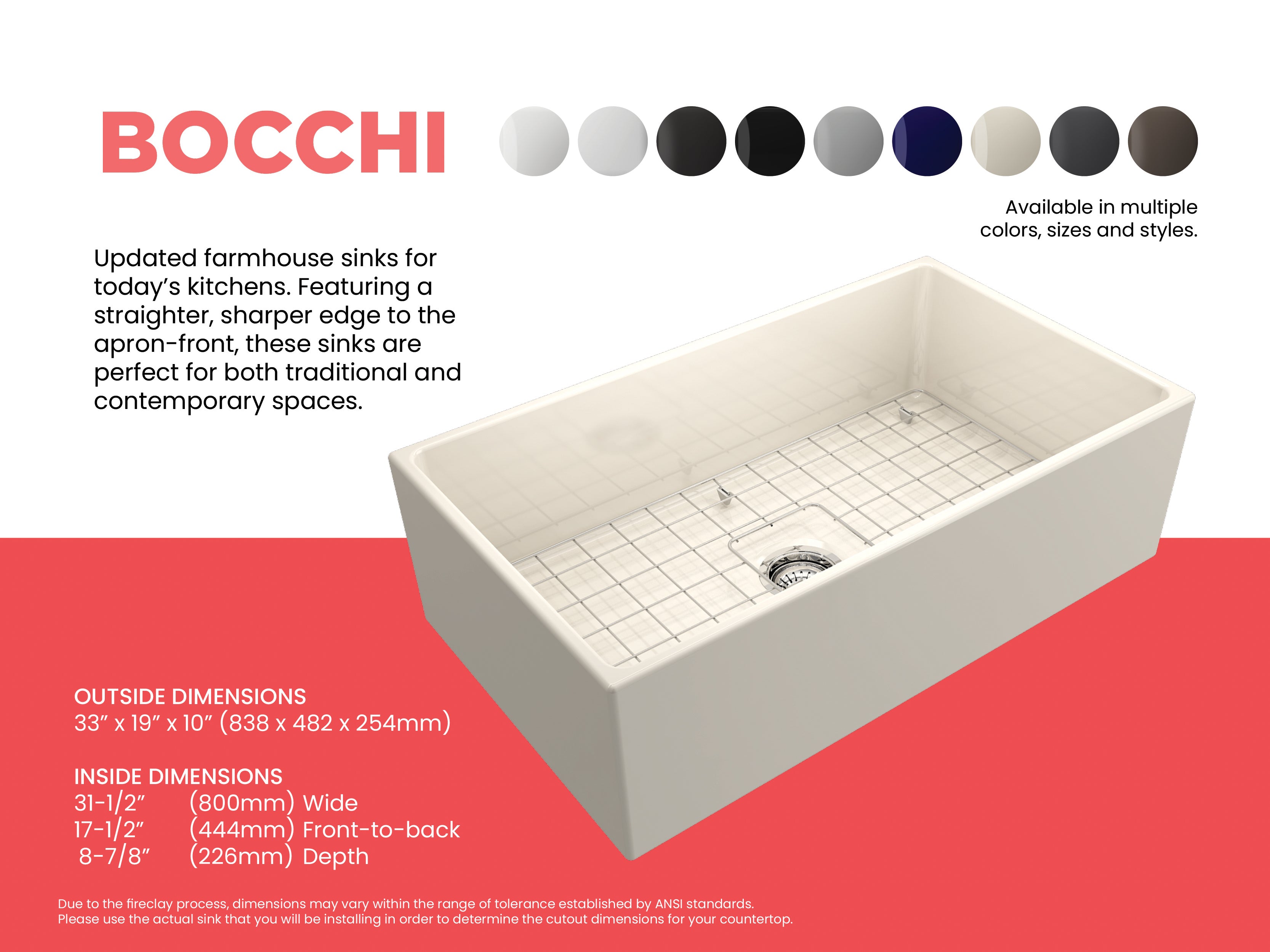 BOCCHI Contempo 33" Fireclay Farmhouse Apron Single Bowl Kitchen Sink, Biscuit, 1352-014-0120