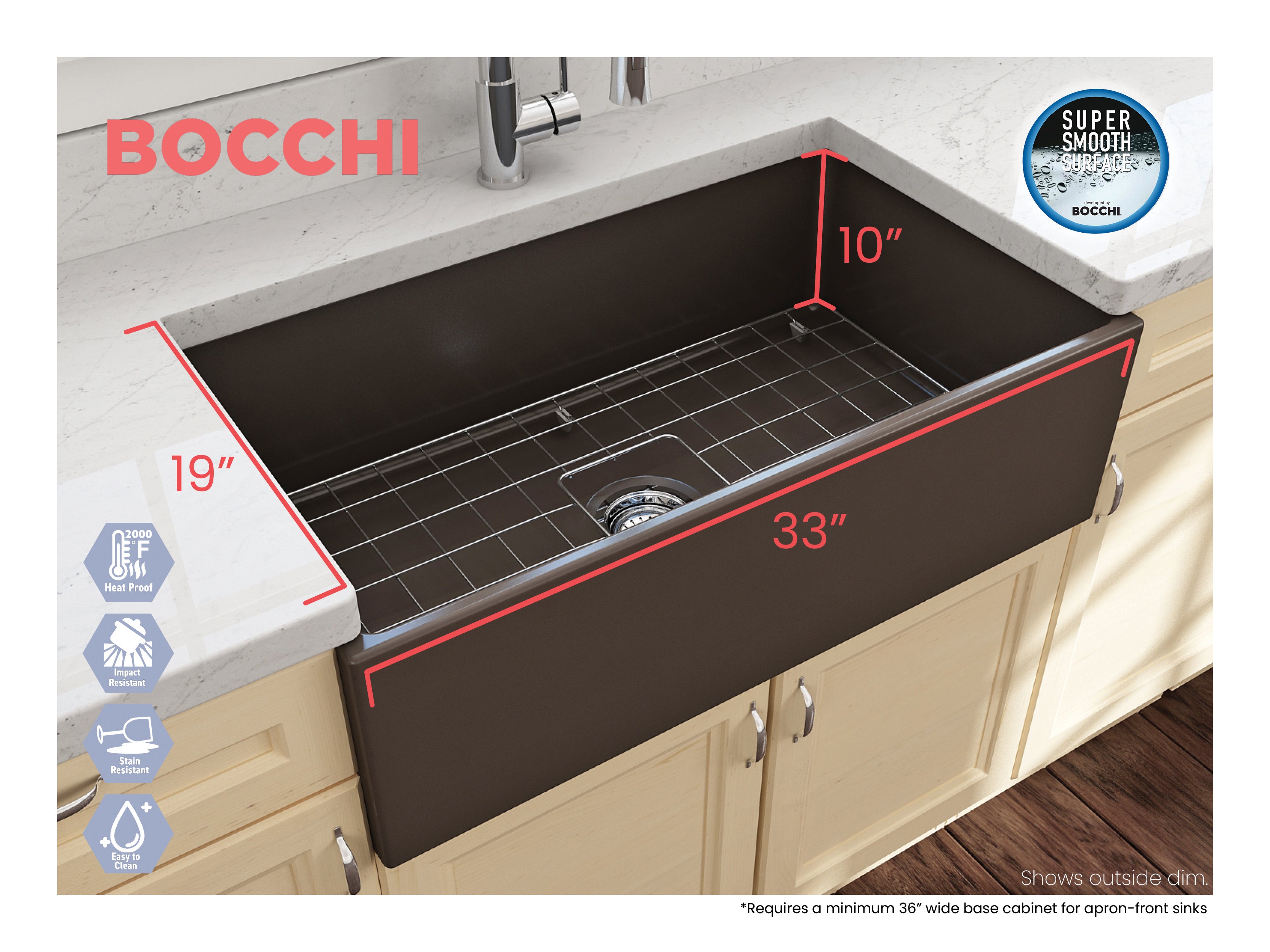 BOCCHI Contempo 33" Fireclay Farmhouse Apron Single Bowl Kitchen Sink, Matte Brown, 1352-025-0120