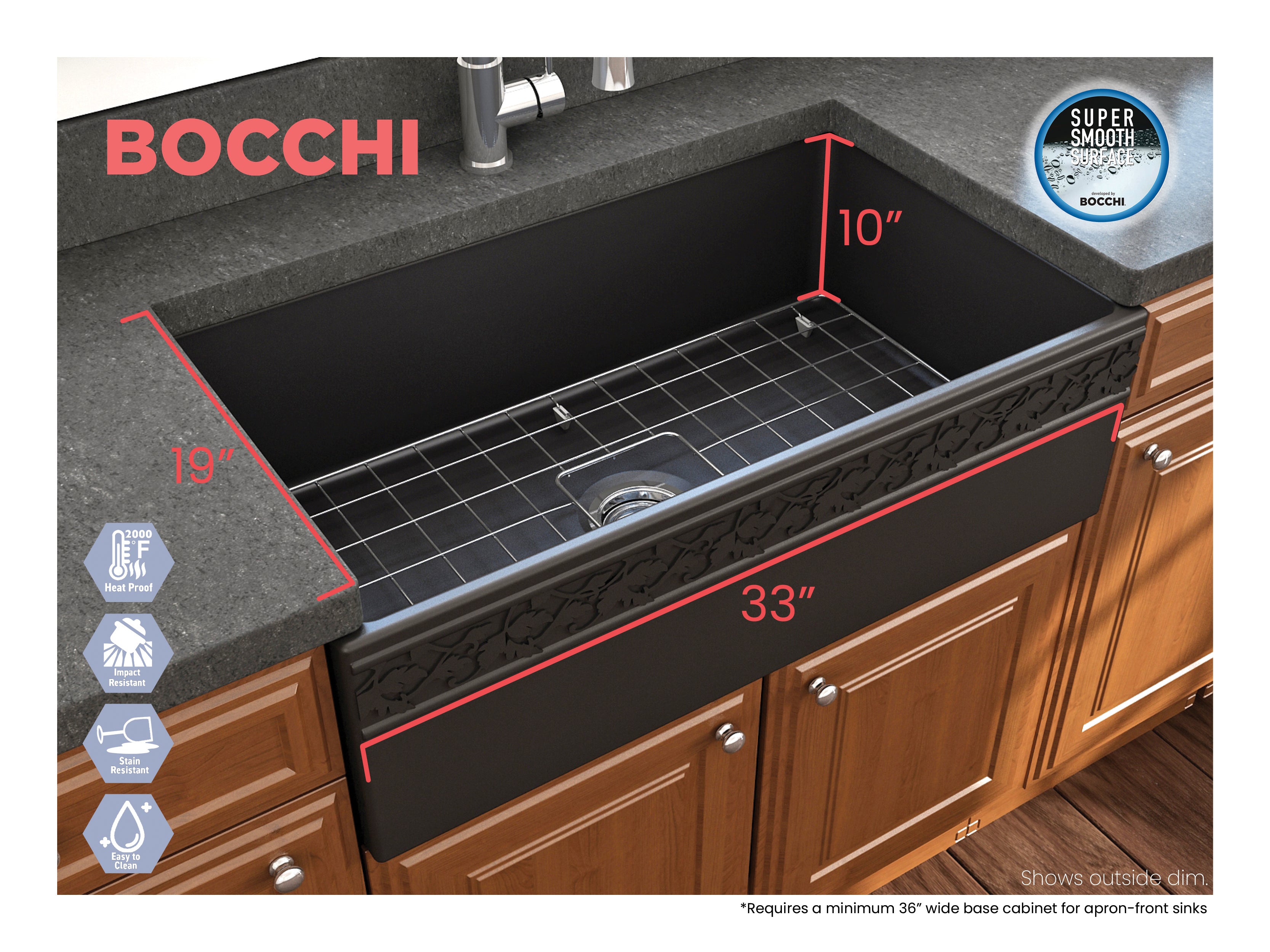 BOCCHI Vigneto 33" Fireclay Farmhouse Apron Single Bowl Kitchen Sink, Matte Black, 1353-004-0120