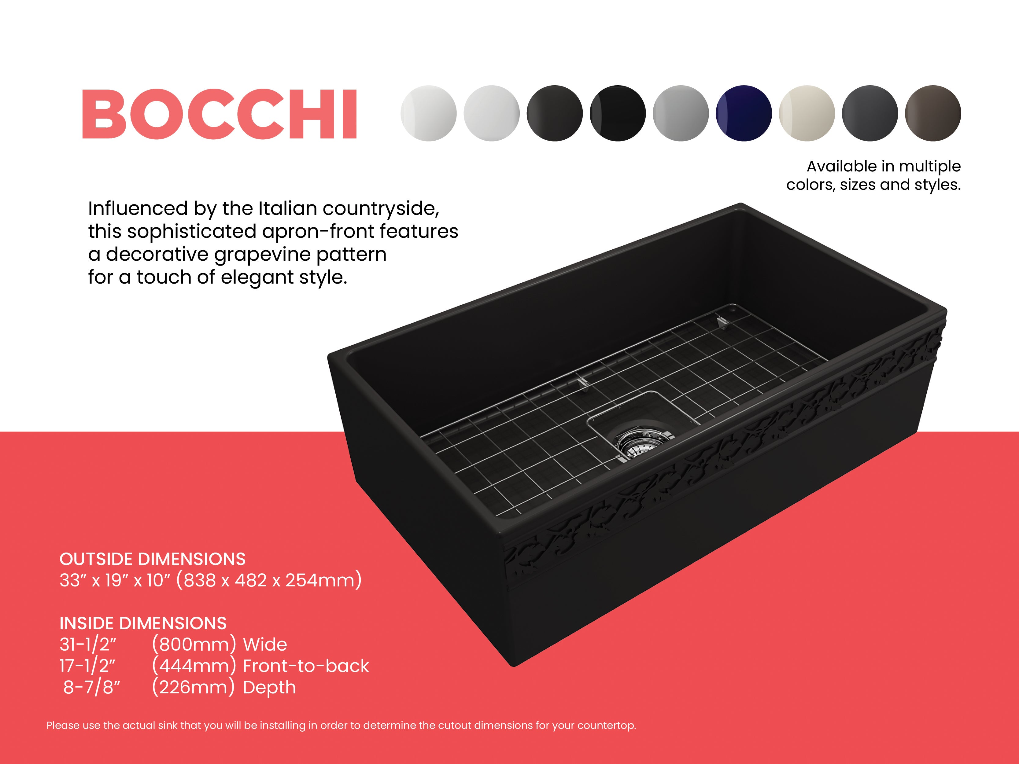 BOCCHI Vigneto 33" Fireclay Farmhouse Apron Single Bowl Kitchen Sink, Matte Black, 1353-004-0120