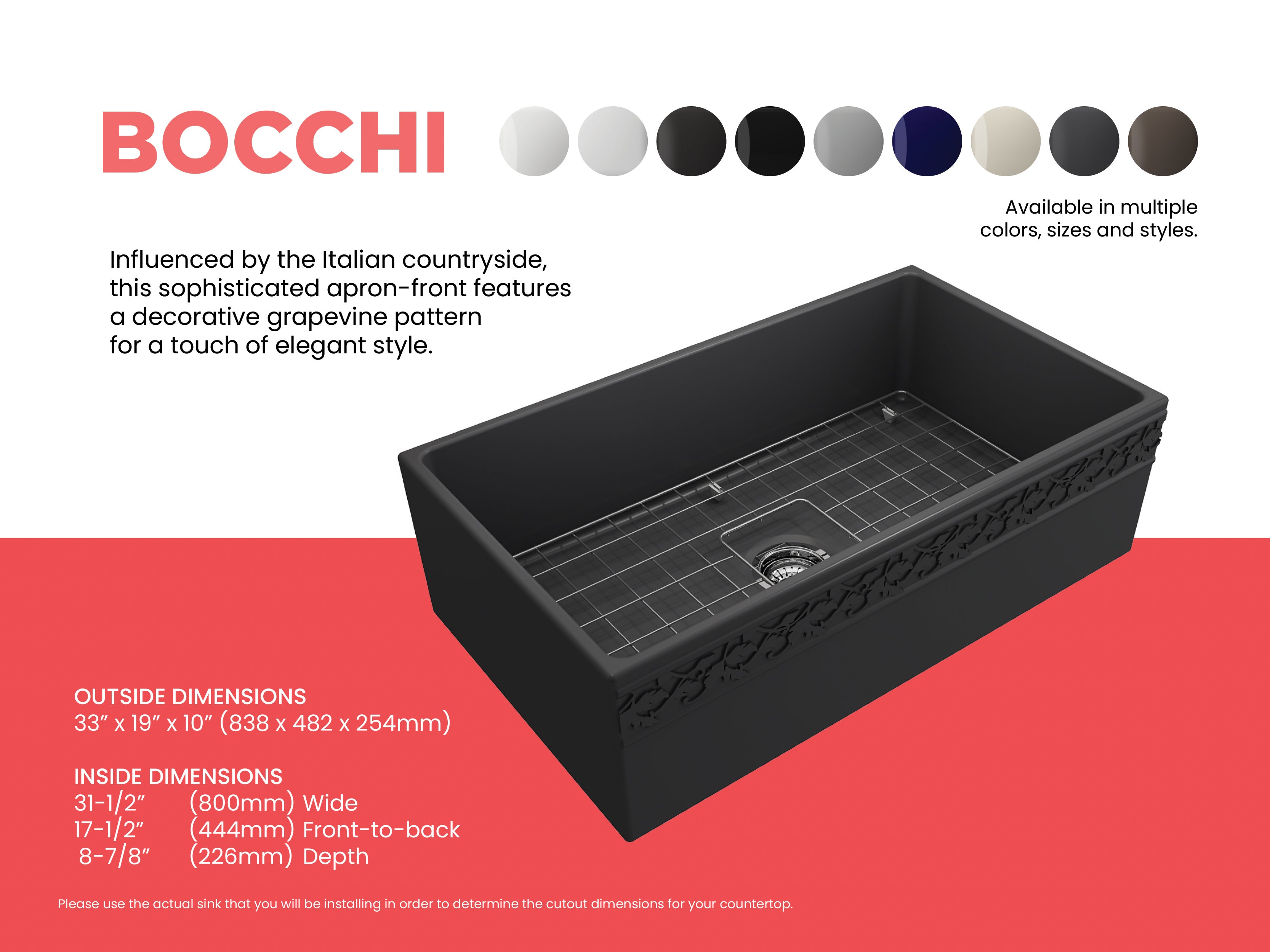 BOCCHI Vigneto 33" Fireclay Farmhouse Apron Single Bowl Kitchen Sink, Matte Dark Gray, 1353-020-0120