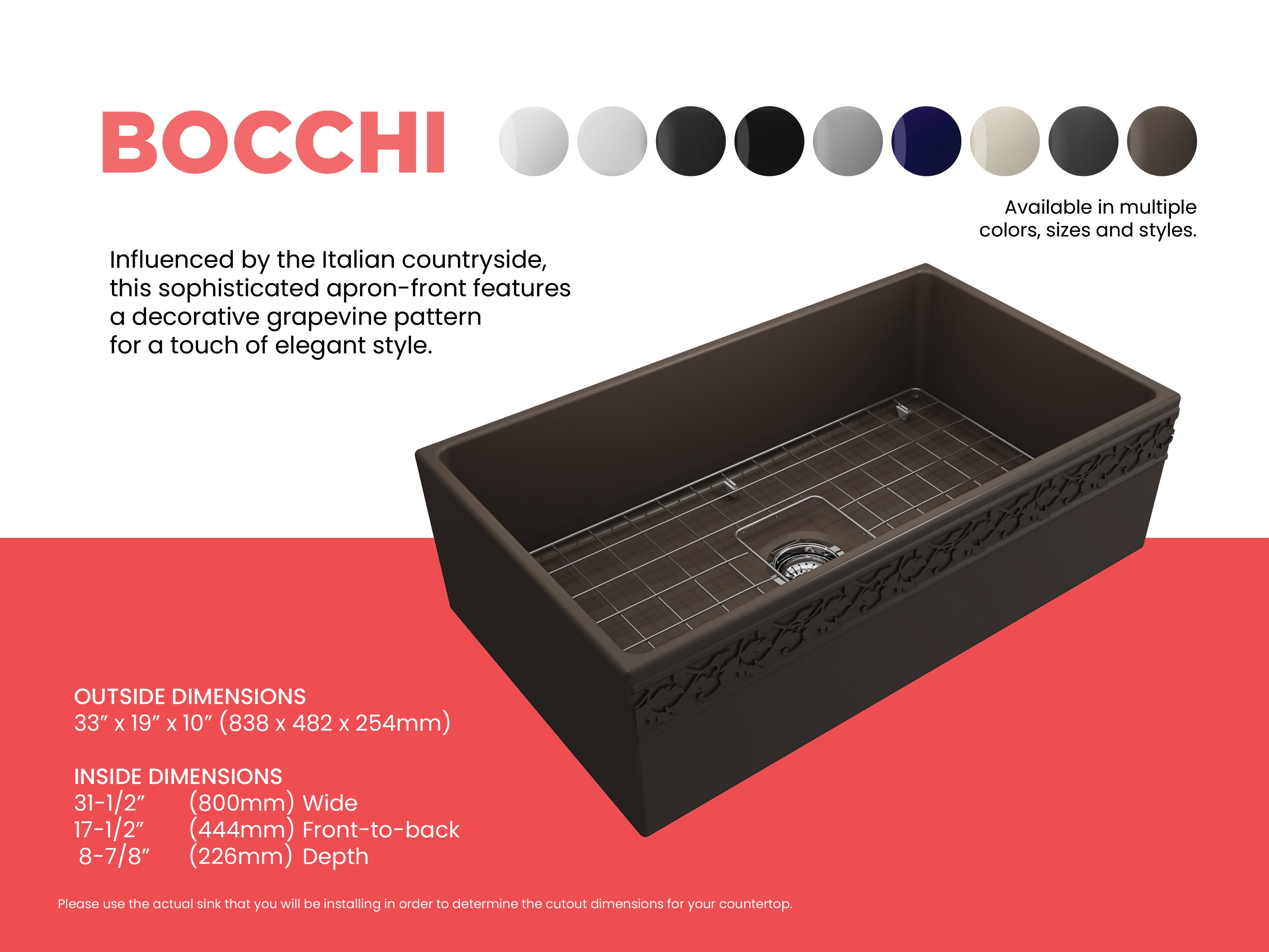 BOCCHI Vigneto 33" Fireclay Farmhouse Apron Single Bowl Kitchen Sink, Matte Brown, 1353-025-0120
