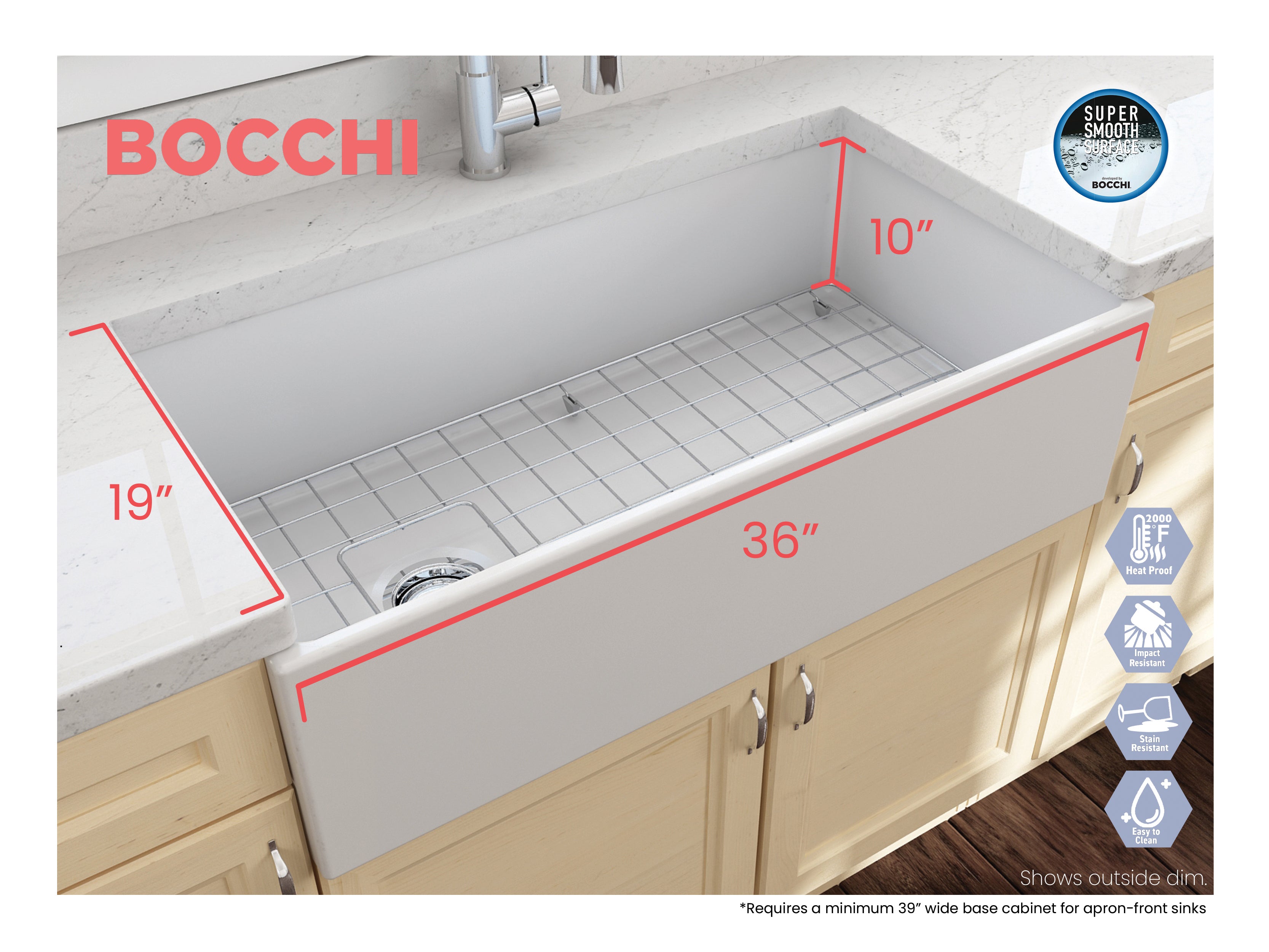 BOCCHI Contempo 36" Fireclay Farmhouse Apron Single Bowl Kitchen Sink, Matte White, 1354-002-0120