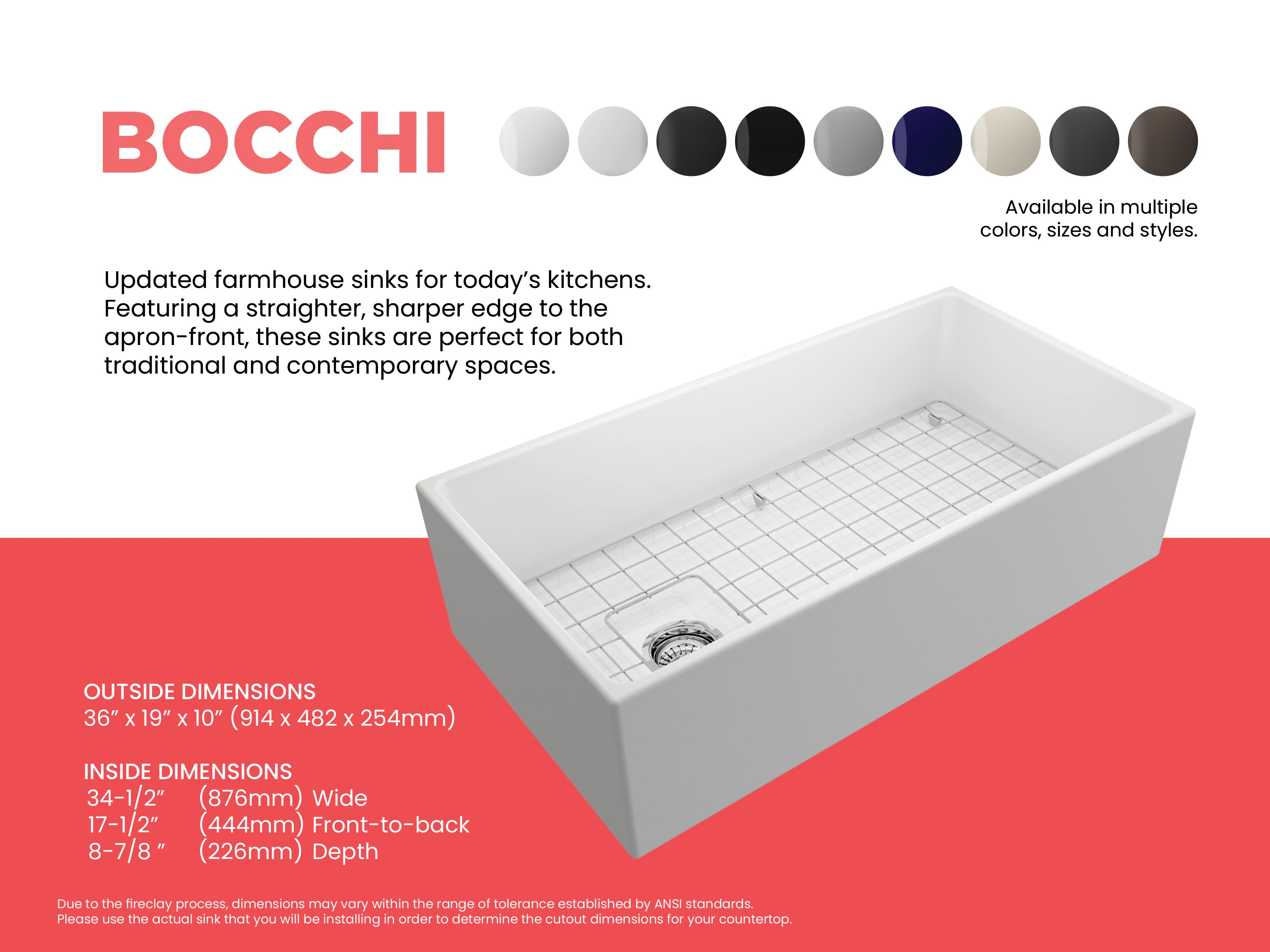 BOCCHI Contempo 36" Fireclay Farmhouse Apron Single Bowl Kitchen Sink, Matte White, 1354-002-0120