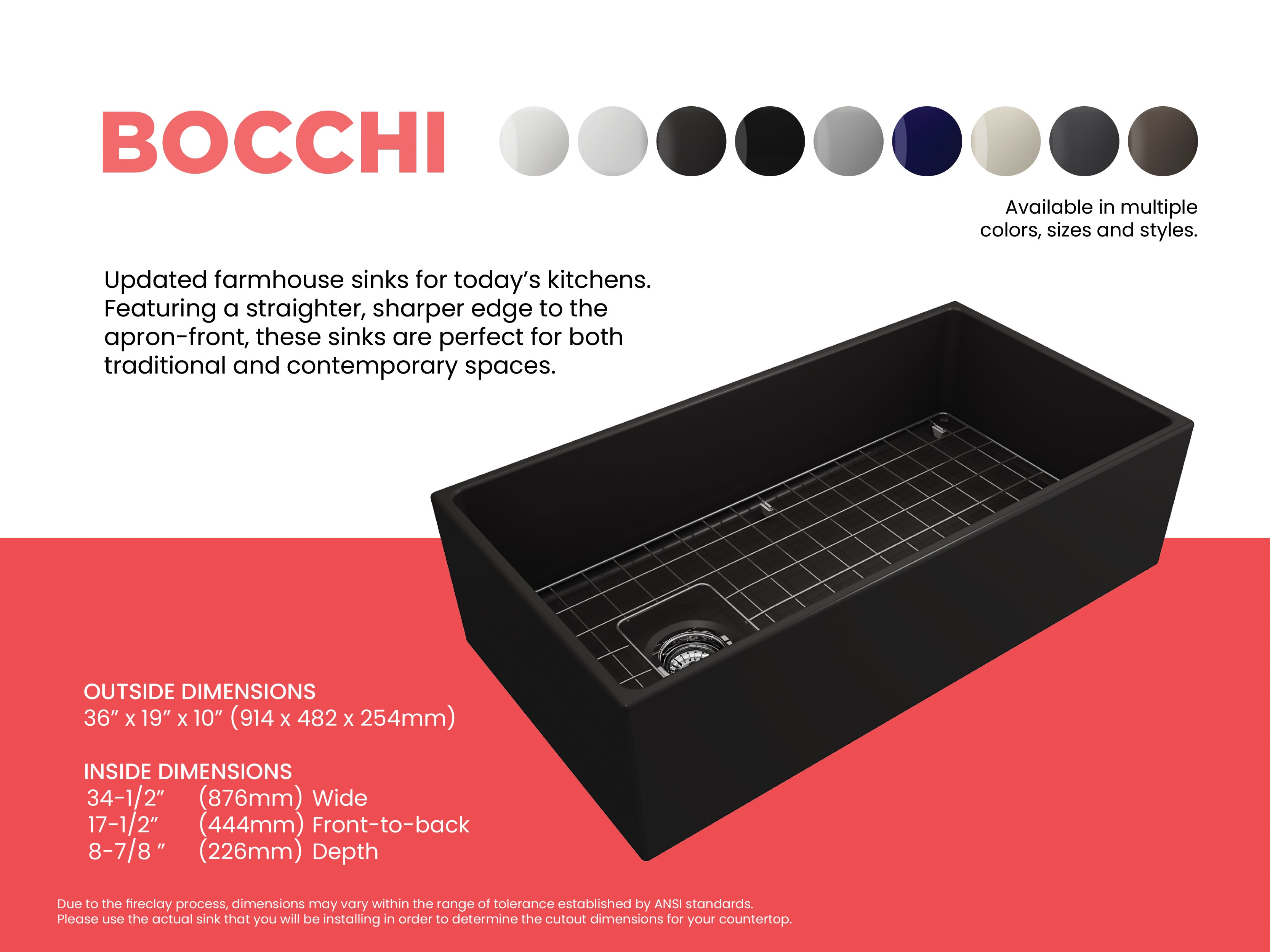 BOCCHI Contempo 36" Fireclay Farmhouse Apron Single Bowl Kitchen Sink, Matte Black, 1354-004-0120