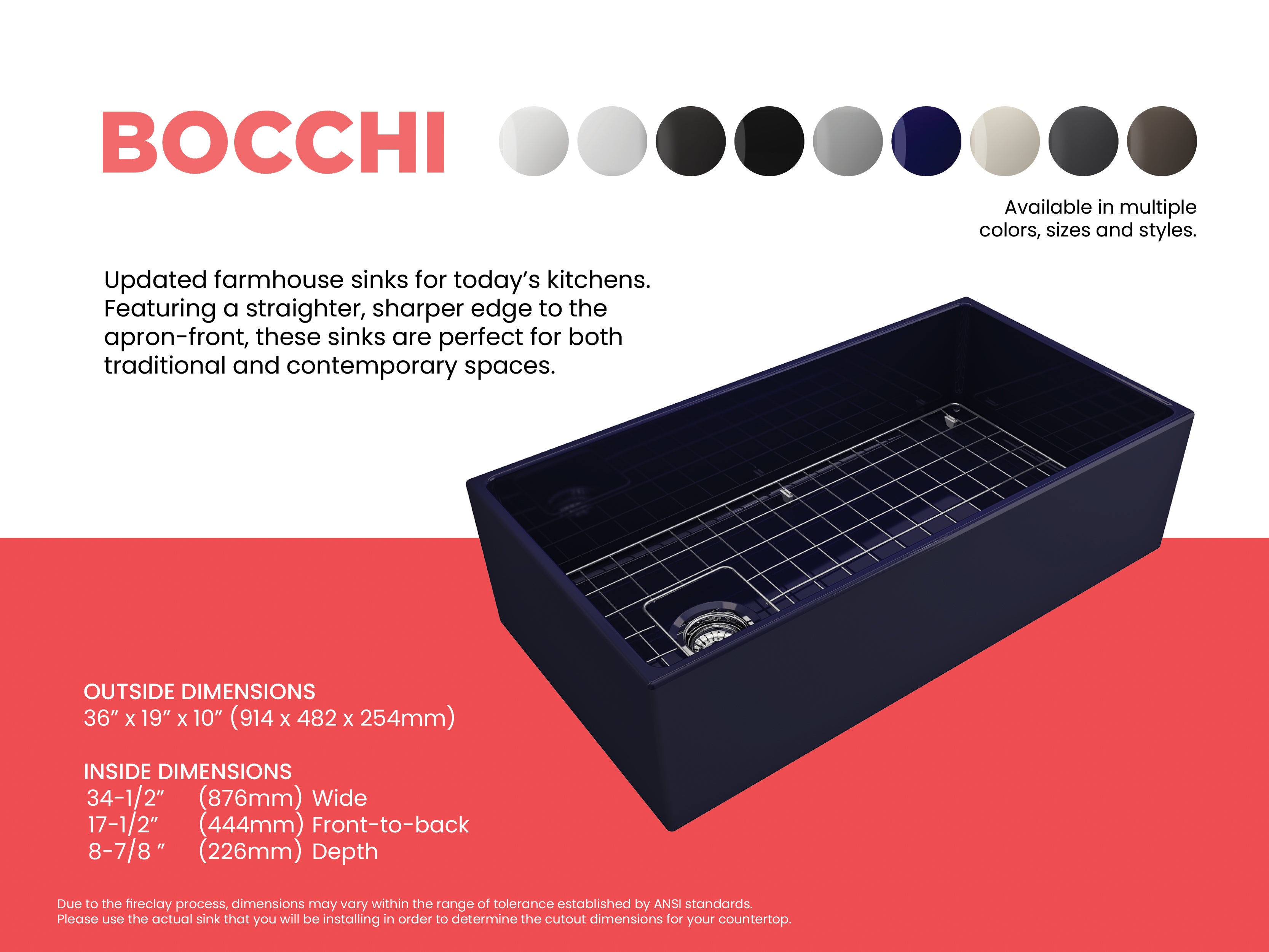 BOCCHI Contempo 36" Fireclay Farmhouse Apron Single Bowl Kitchen Sink, Sapphire Blue, 1354-010-0120