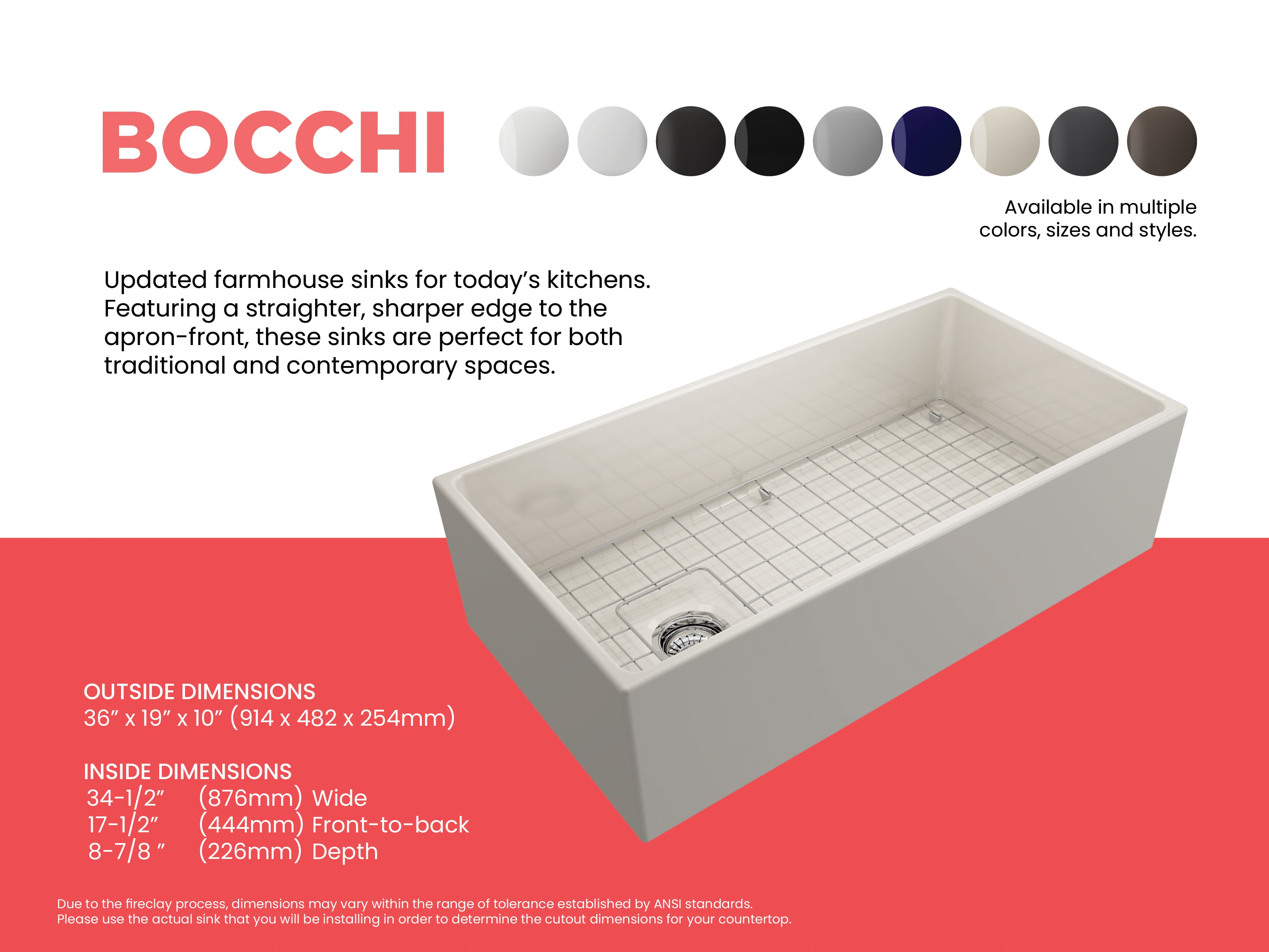 BOCCHI Contempo 36" Fireclay Farmhouse Apron Single Bowl Kitchen Sink, Biscuit, 1354-014-0120