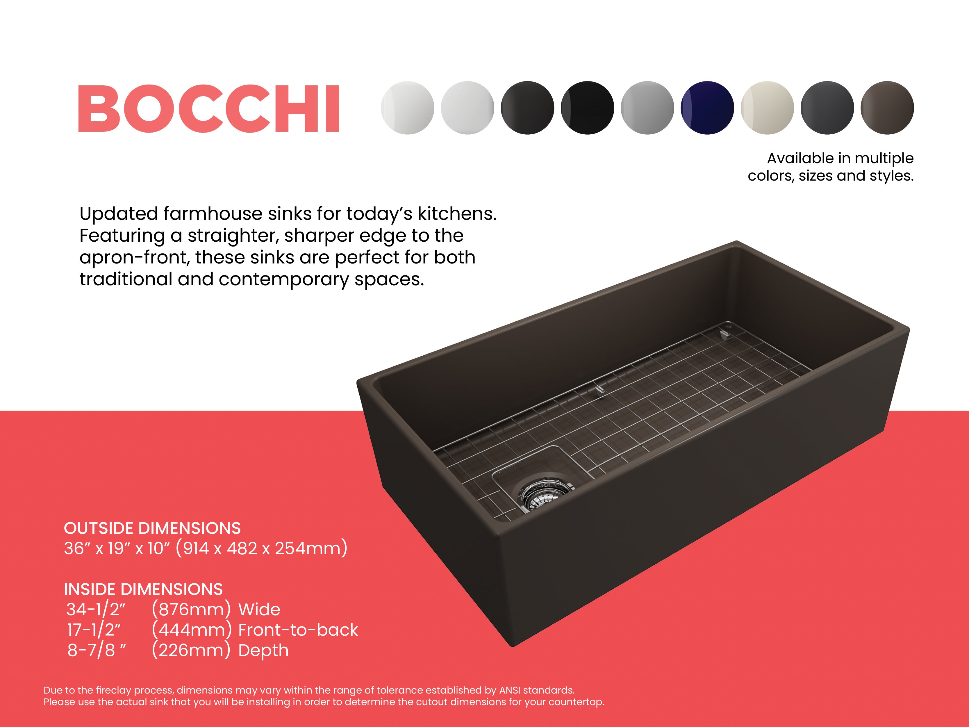 BOCCHI Contempo 36" Fireclay Farmhouse Apron Single Bowl Kitchen Sink, Matte Brown, 1354-025-0120