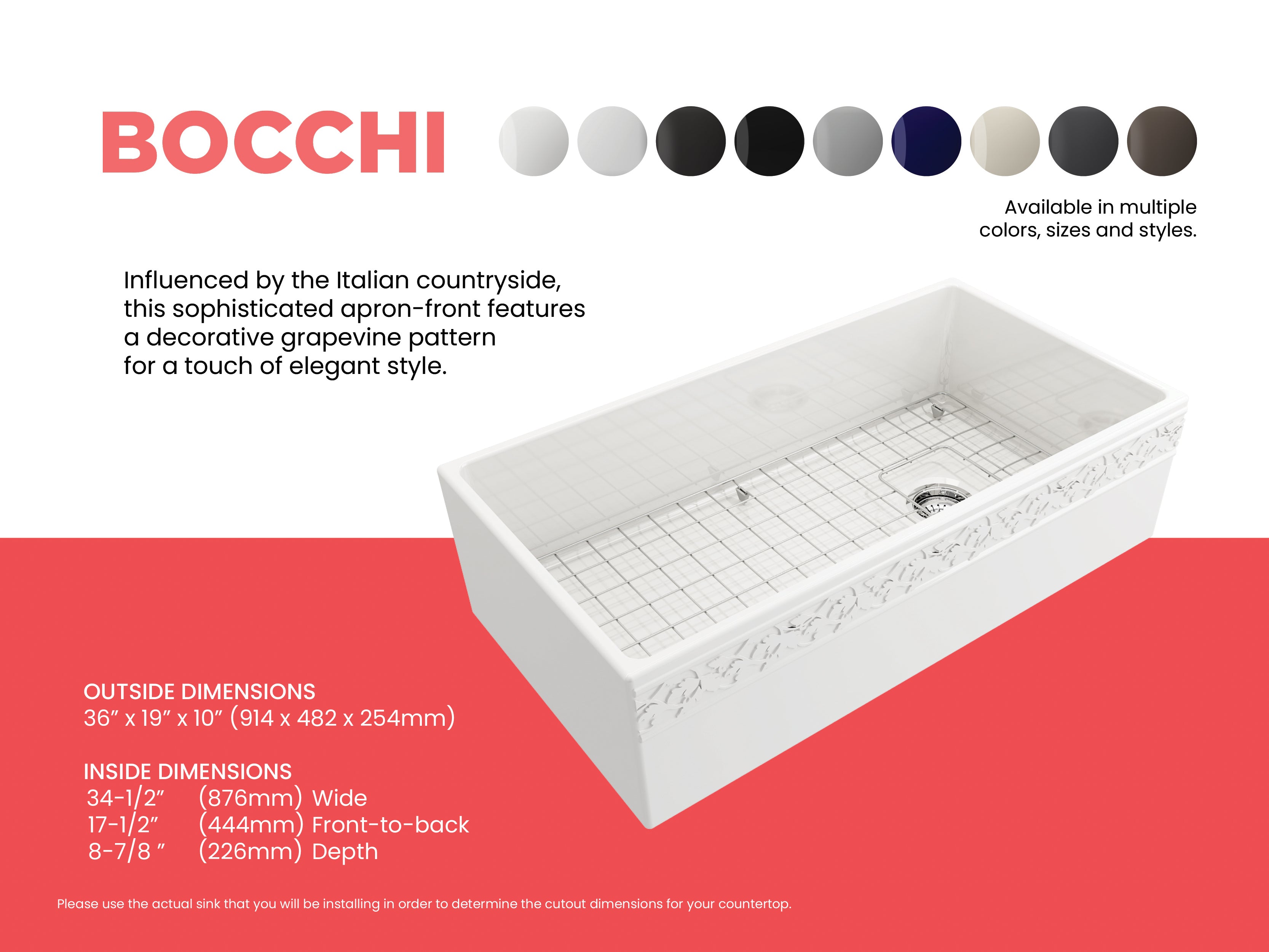 BOCCHI Vigneto 36" Fireclay Farmhouse Apron Single Bowl Kitchen Sink, White, 1355-001-0120