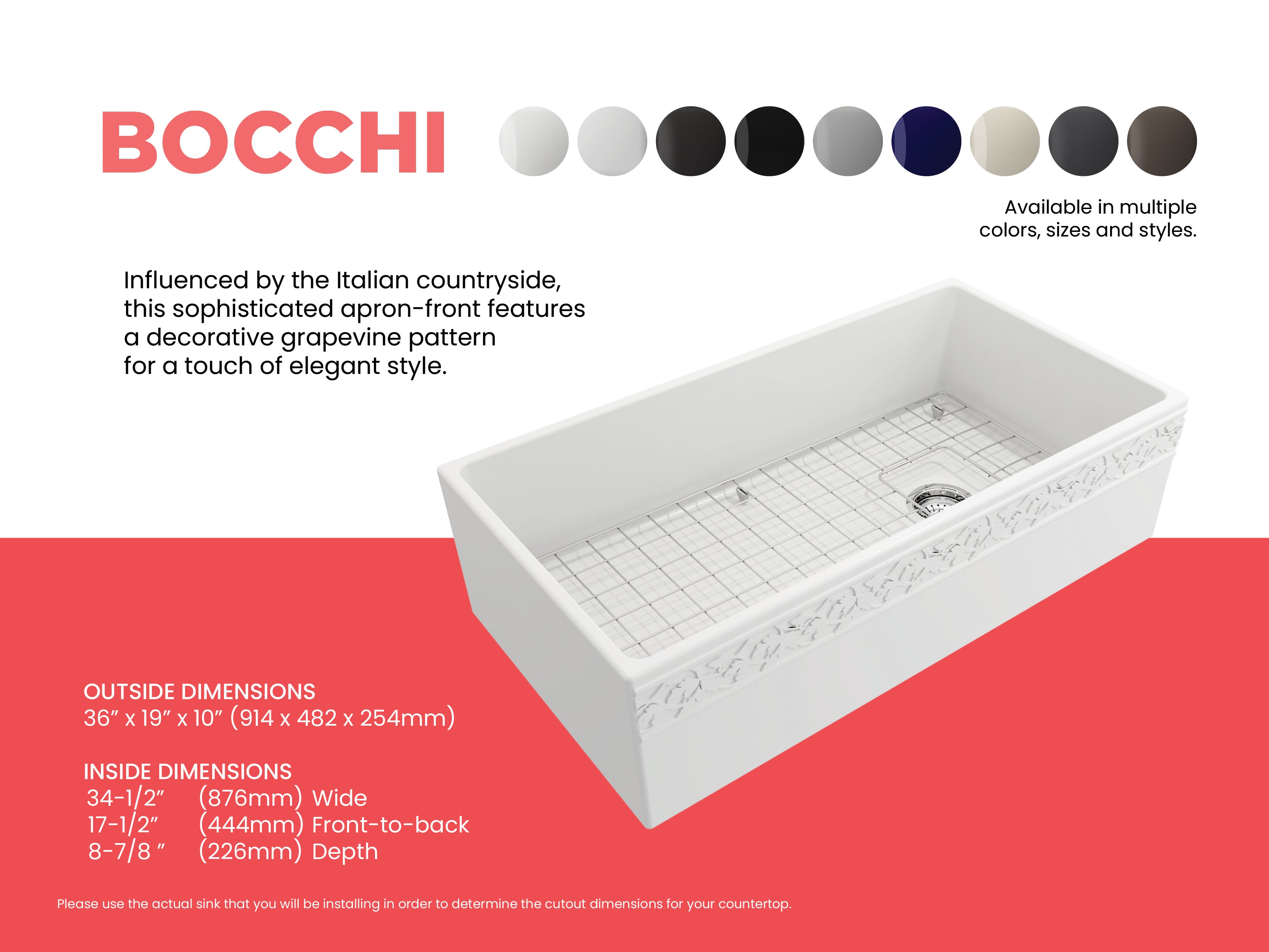 BOCCHI Vigneto 36" Fireclay Farmhouse Apron Single Bowl Kitchen Sink, Matte White, 1355-002-0120