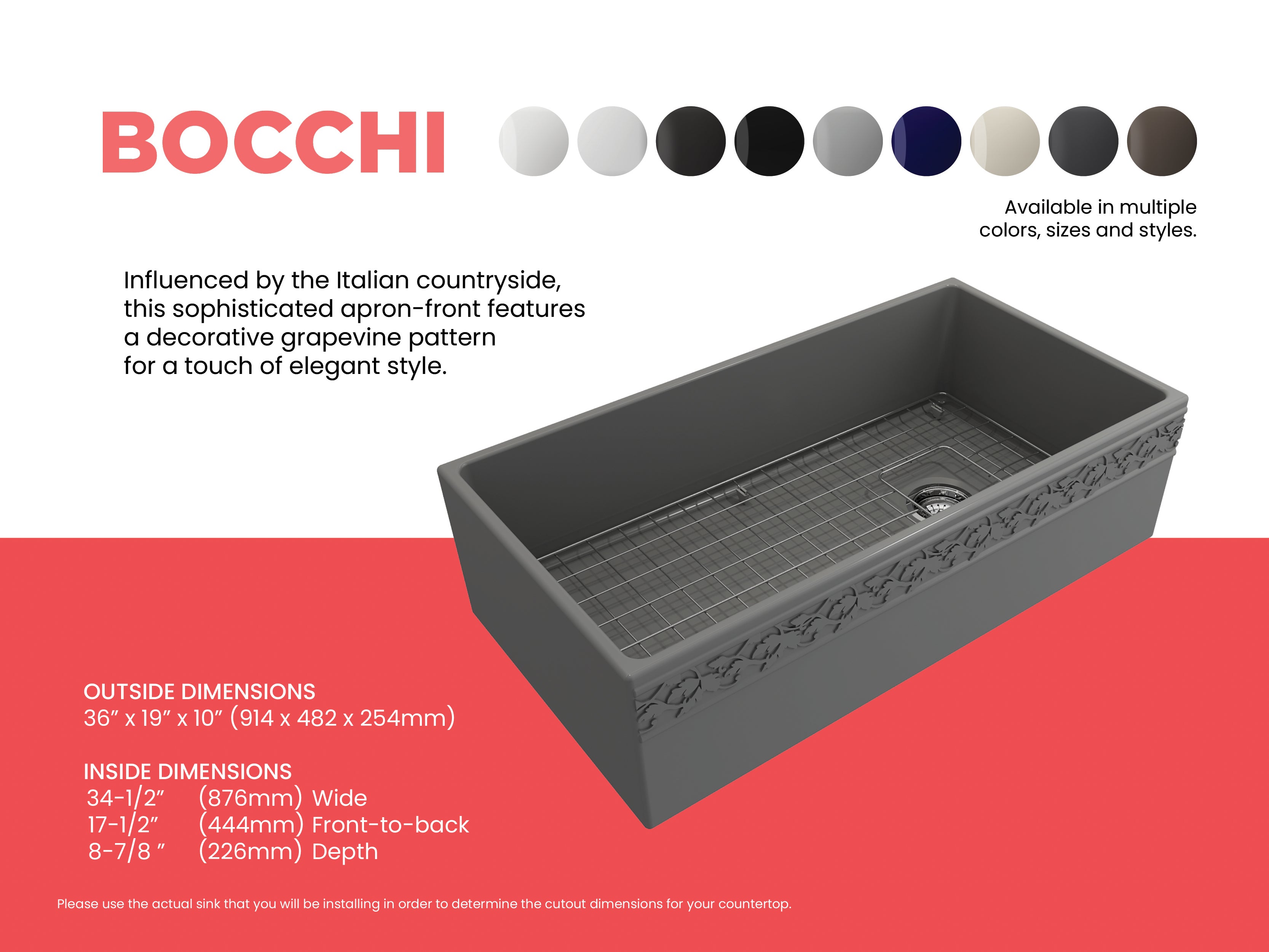 BOCCHI Vigneto 36" Fireclay Farmhouse Apron Single Bowl Kitchen Sink, Matte Gray, 1355-006-0120