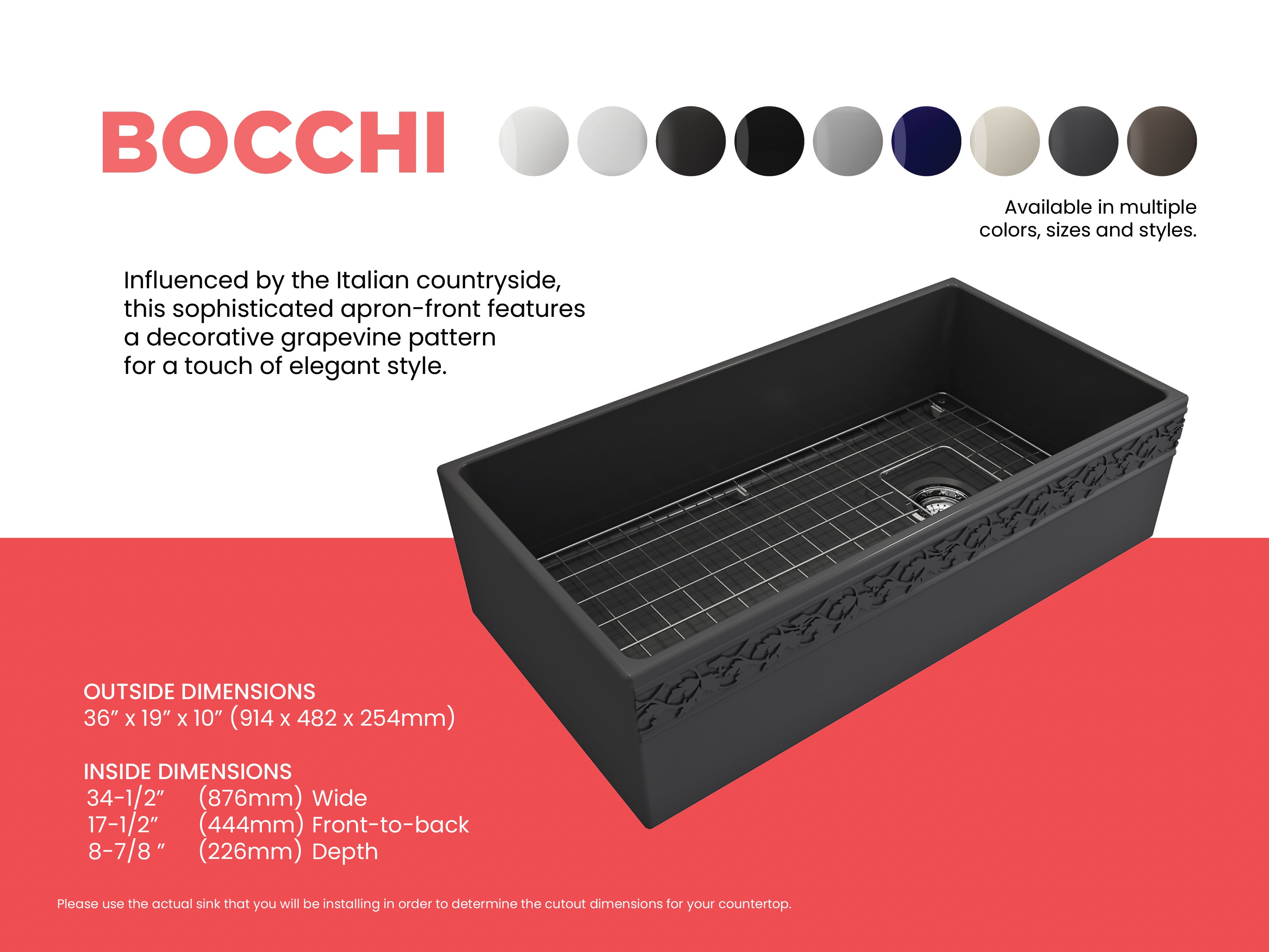 BOCCHI Vigneto 36" Fireclay Farmhouse Apron Single Bowl Kitchen Sink, Matte Dark Gray, 1355-020-0120