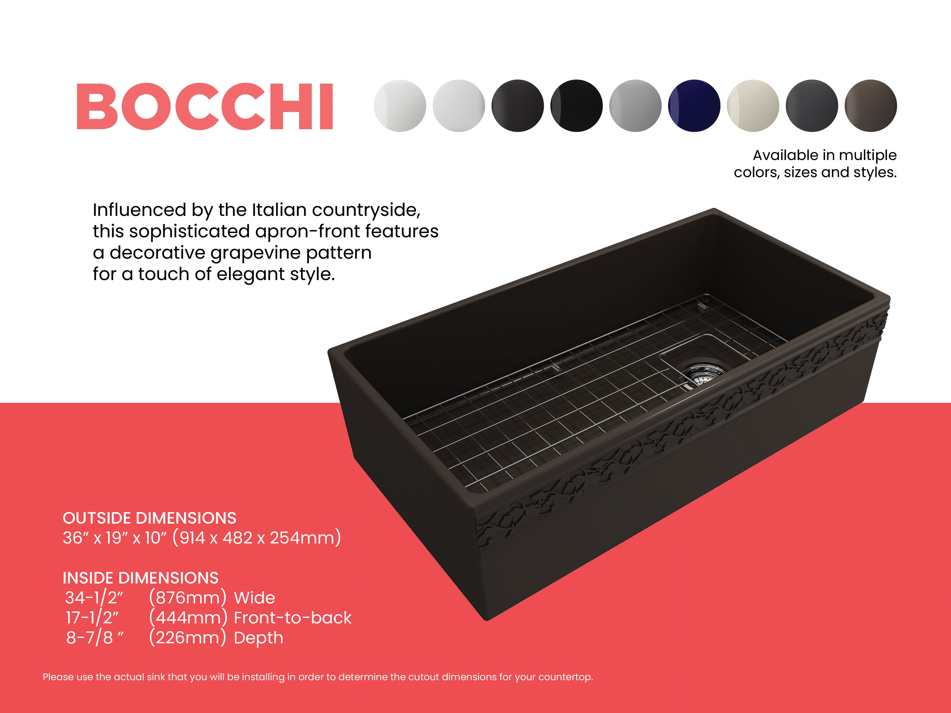 BOCCHI Vigneto 36" Fireclay Farmhouse Apron Single Bowl Kitchen Sink, Matte Brown, 1355-025-0120