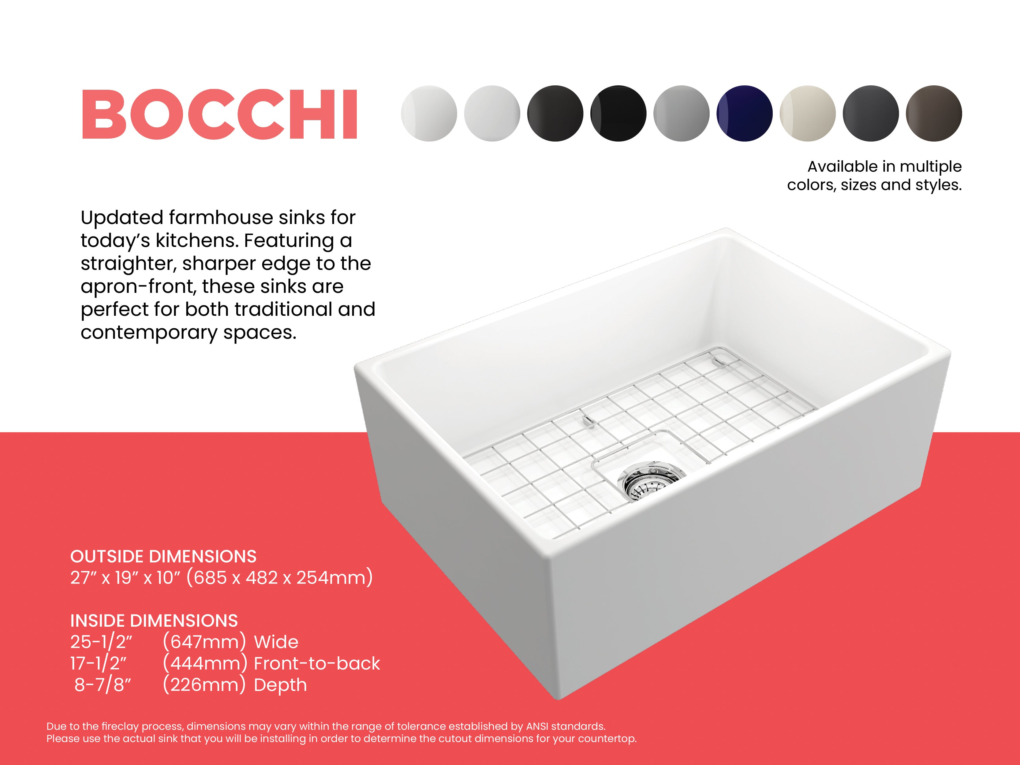 BOCCHI Contempo 27" Fireclay Farmhouse Apron Single Bowl Kitchen Sink, Matte White, 1356-002-0120
