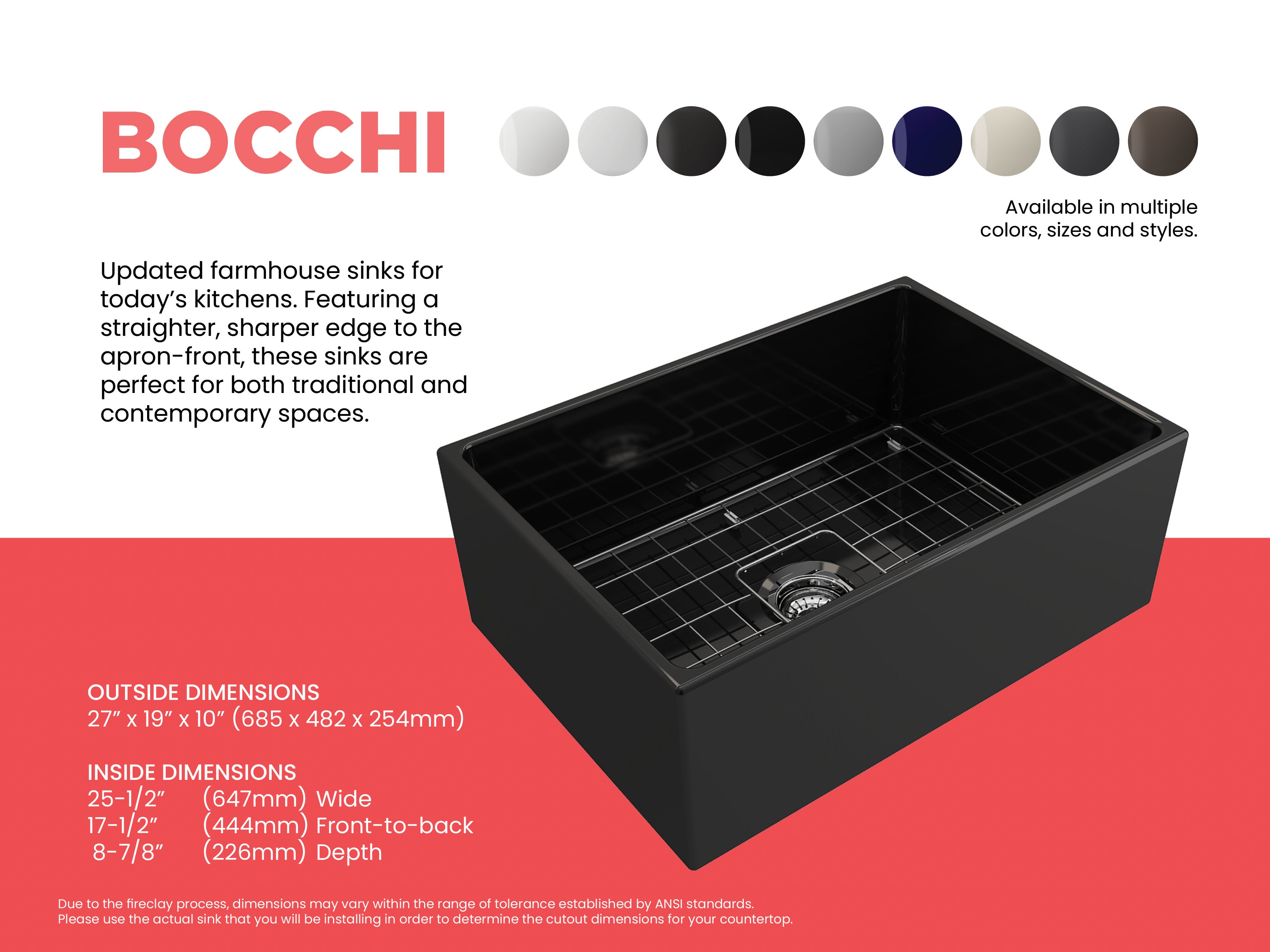 BOCCHI Contempo 27" Fireclay Farmhouse Apron Single Bowl Kitchen Sink, Black, 1356-005-0120