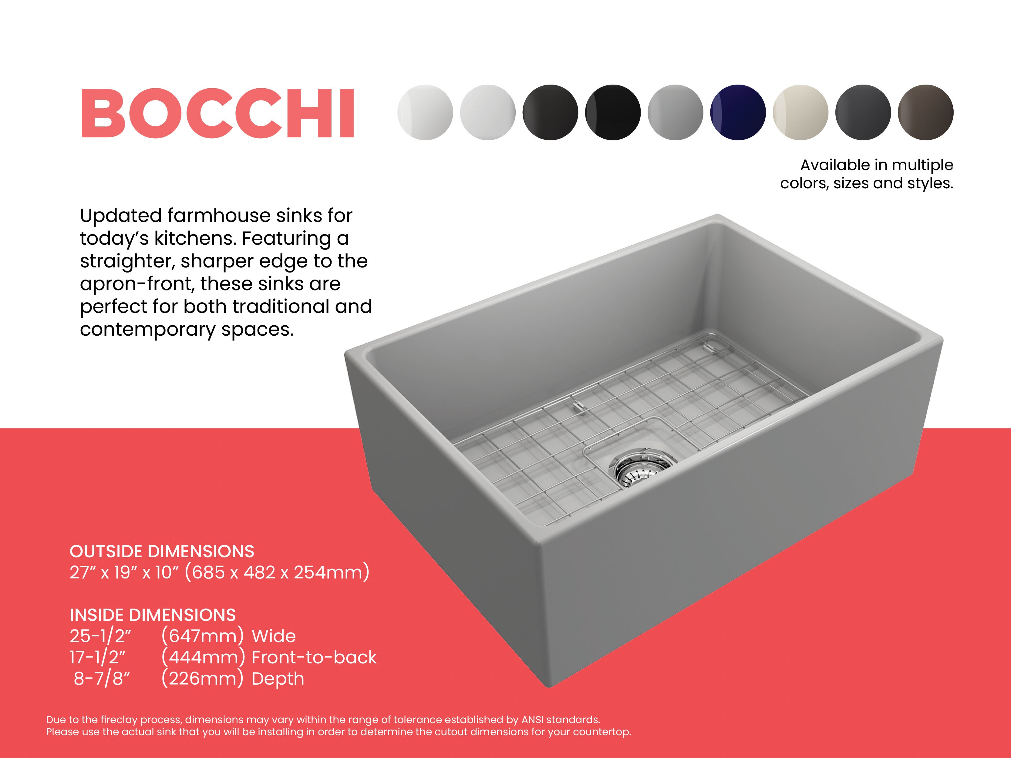 BOCCHI Contempo 27" Fireclay Farmhouse Apron Single Bowl Kitchen Sink, Matte Gray, 1356-006-0120