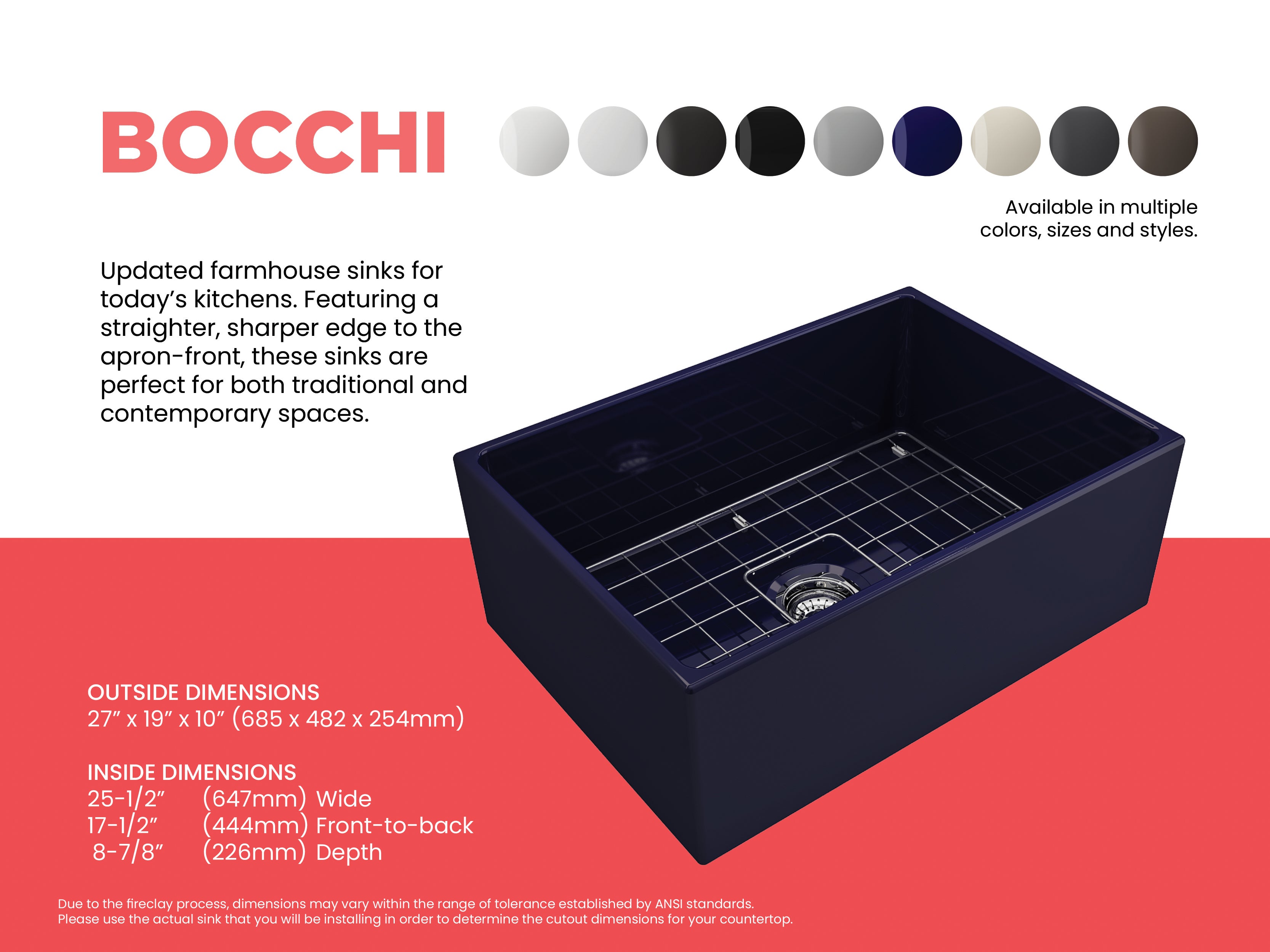 BOCCHI Contempo 27" Fireclay Farmhouse Apron Single Bowl Kitchen Sink, Sapphire Blue, 1356-010-0120