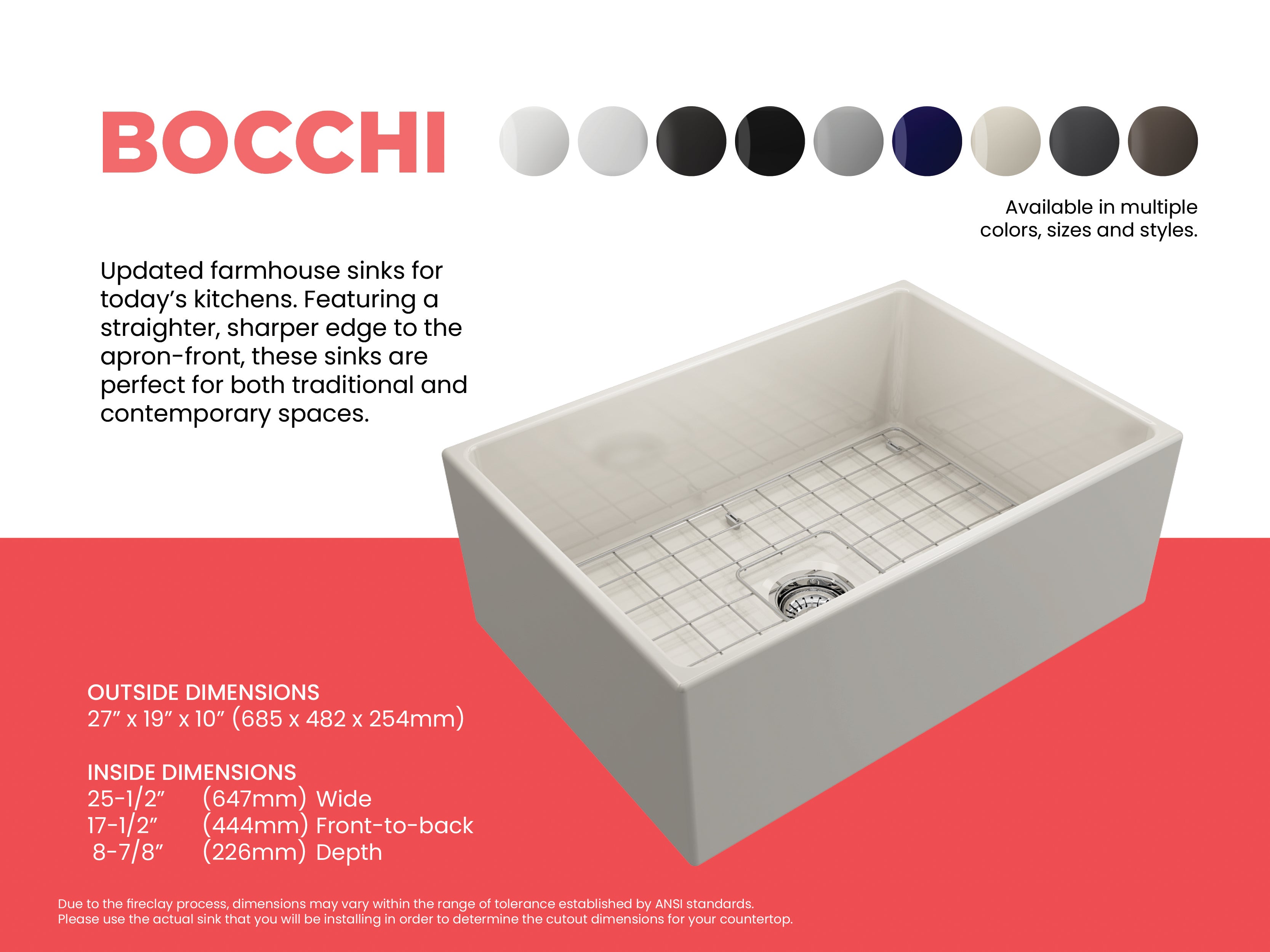 BOCCHI Contempo 27" Fireclay Farmhouse Apron Single Bowl Kitchen Sink, Biscuit, 1356-014-0120