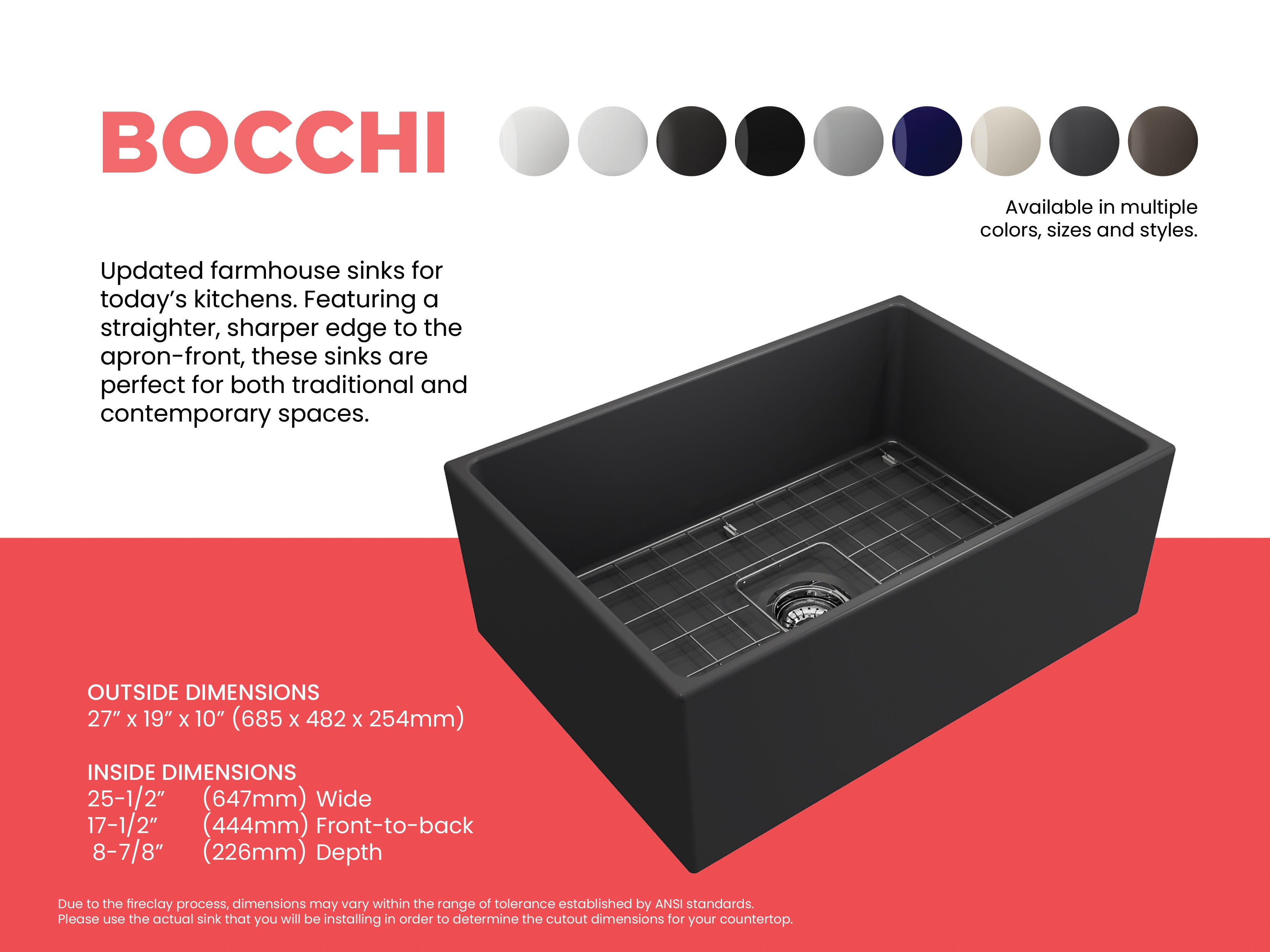 BOCCHI Contempo 27" Fireclay Farmhouse Apron Single Bowl Kitchen Sink, Matte Dark Gray, 1356-020-0120