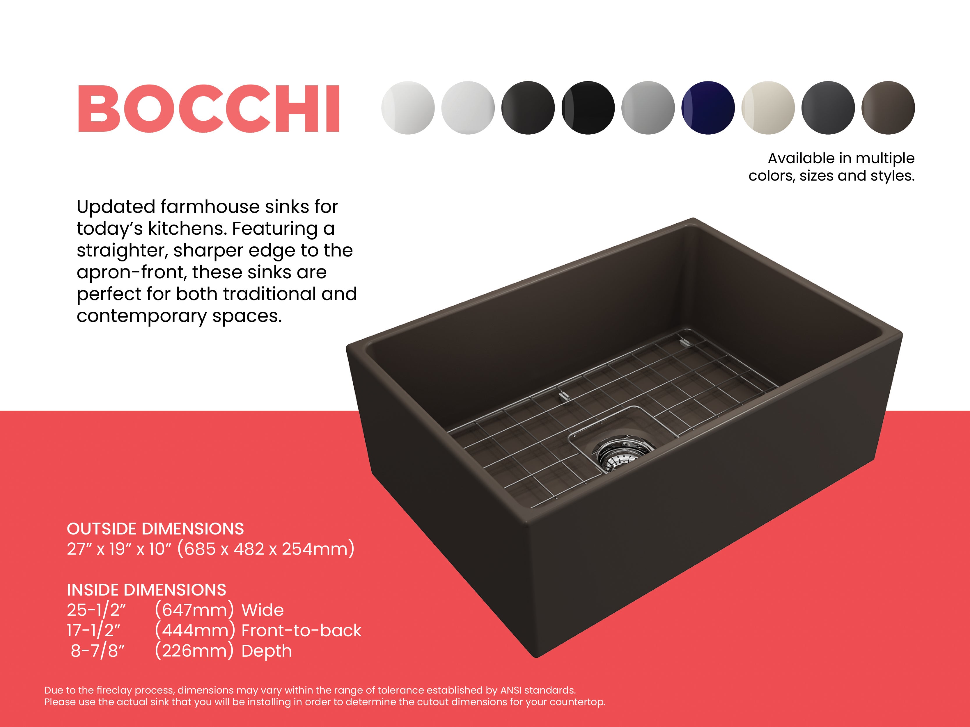 BOCCHI Contempo 27" Fireclay Farmhouse Apron Single Bowl Kitchen Sink, Matte Brown, 1356-025-0120