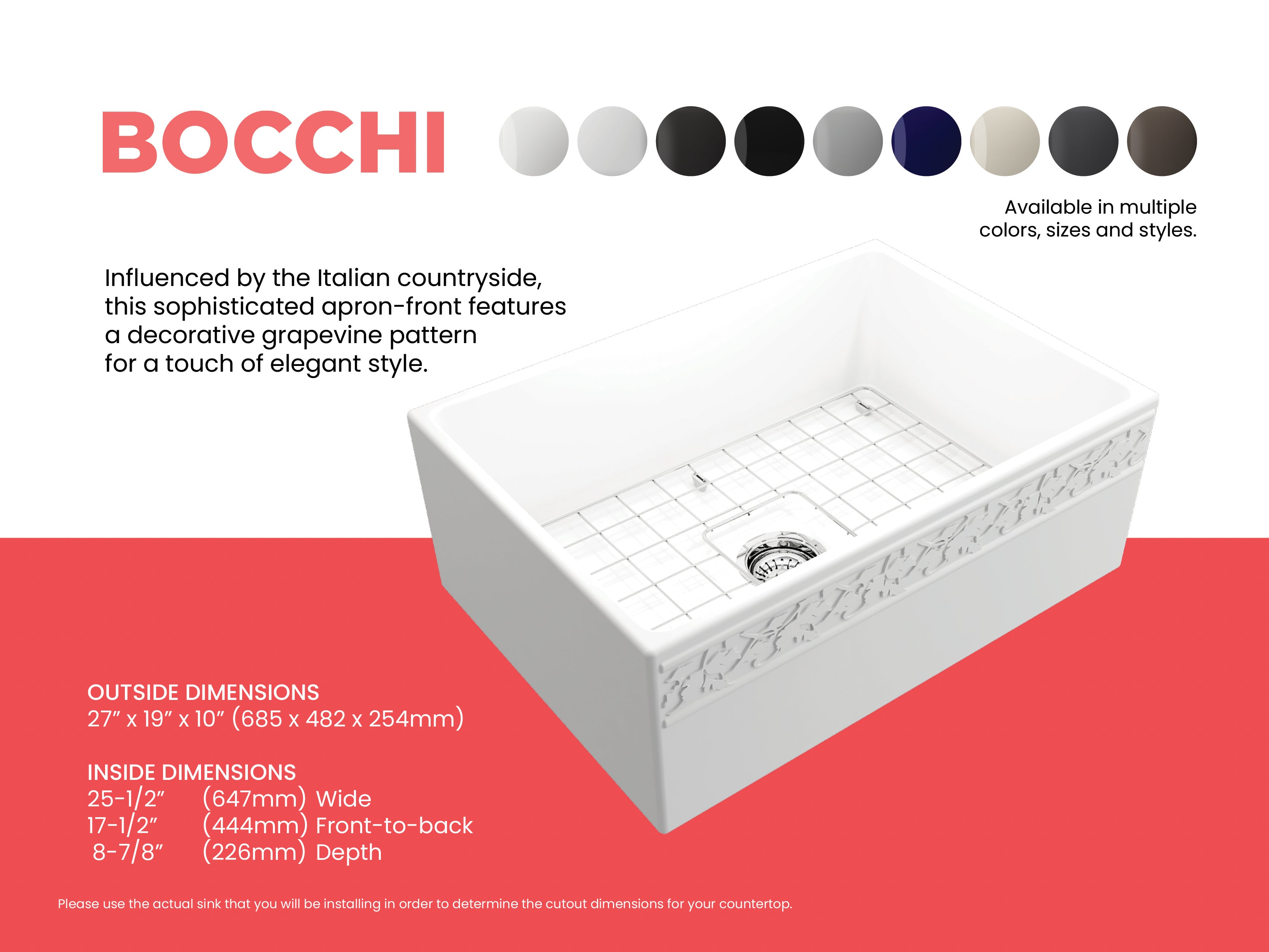 BOCCHI Vigneto 27" Fireclay Farmhouse Apron Single Bowl Kitchen Sink, Matte White, 1357-002-0120
