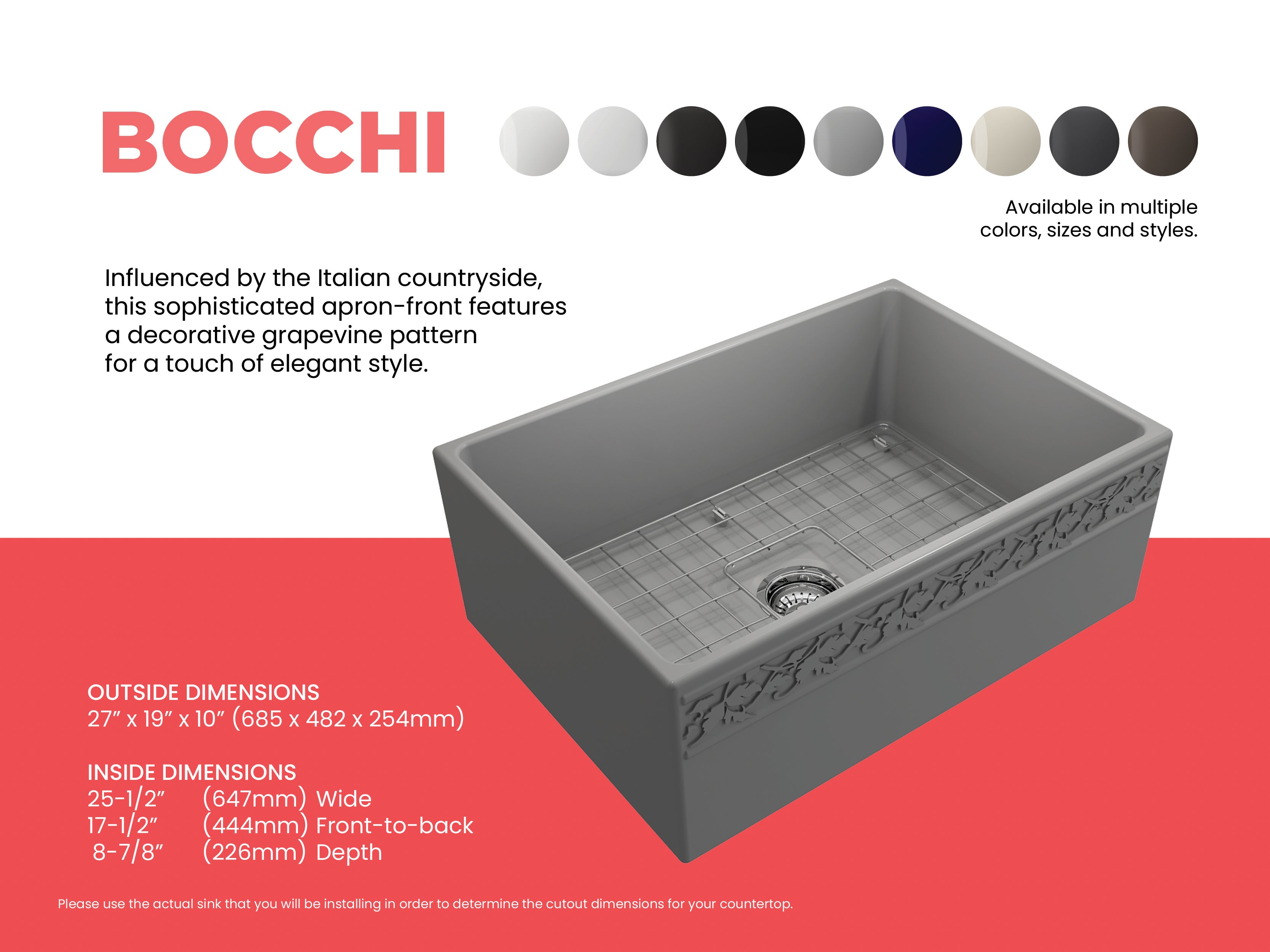BOCCHI Vigneto 27" Fireclay Farmhouse Apron Single Bowl Kitchen Sink, Matte Gray, 1357-006-0120