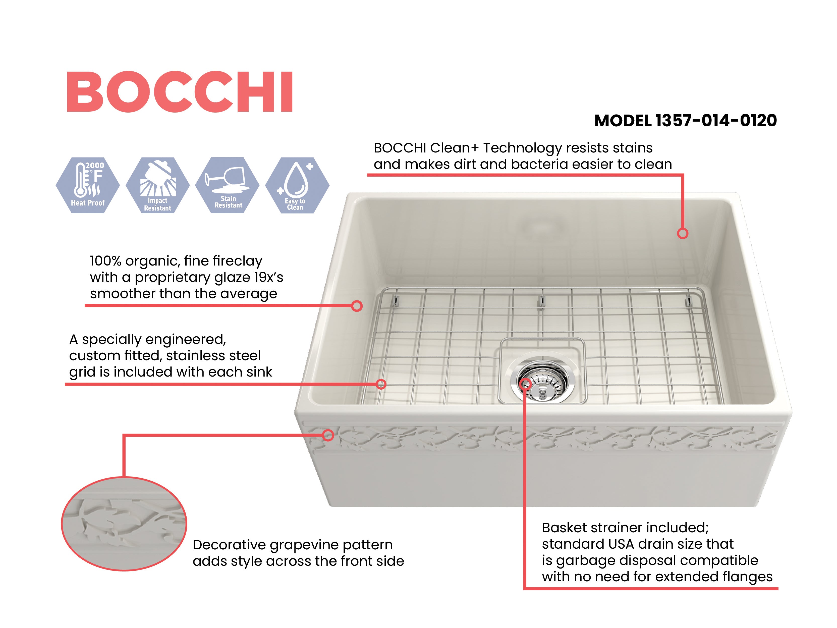 BOCCHI Vigneto 27" Fireclay Farmhouse Apron Single Bowl Kitchen Sink, Biscuit, 1357-014-0120