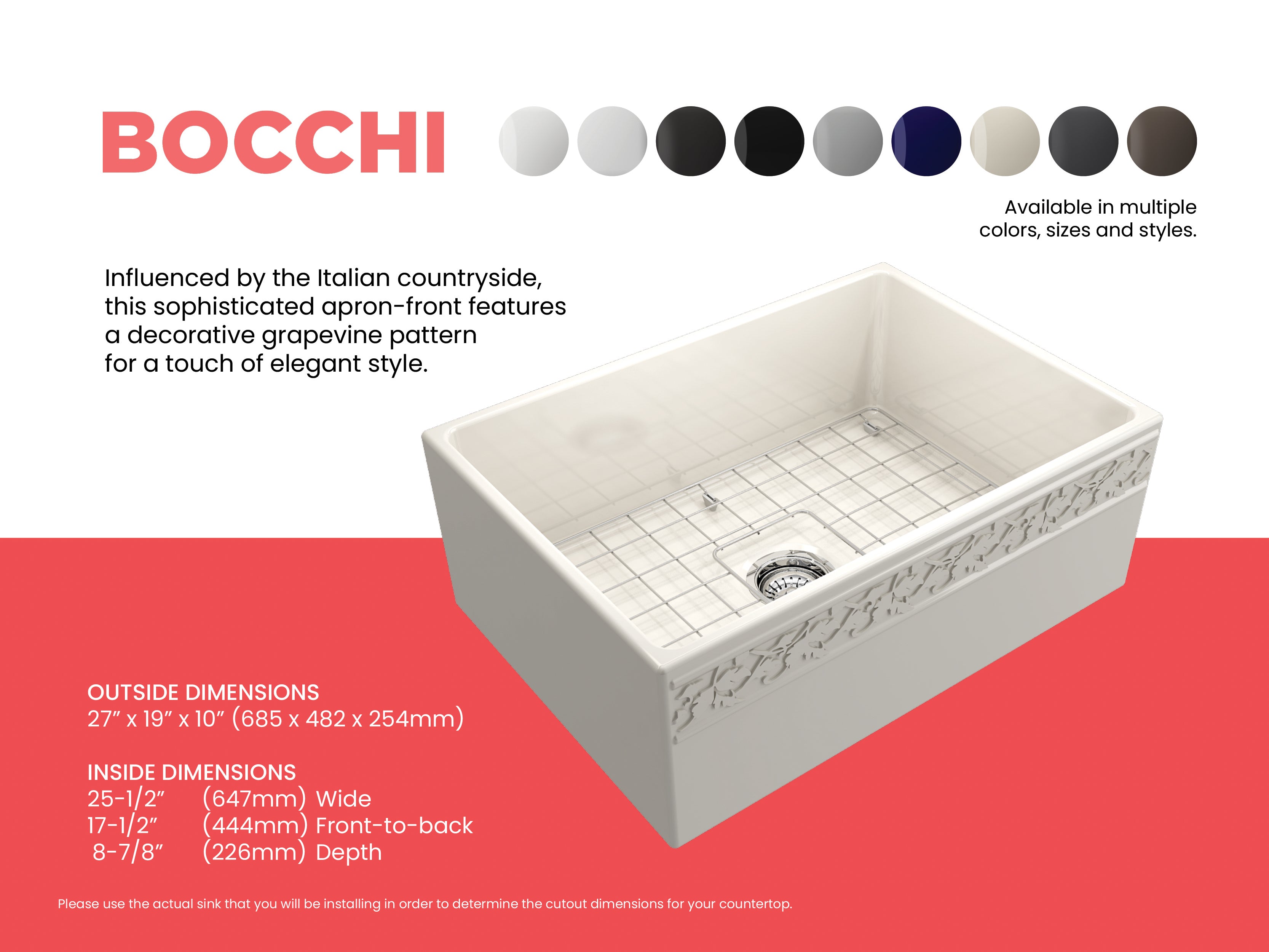 BOCCHI Vigneto 27" Fireclay Farmhouse Apron Single Bowl Kitchen Sink, Biscuit, 1357-014-0120
