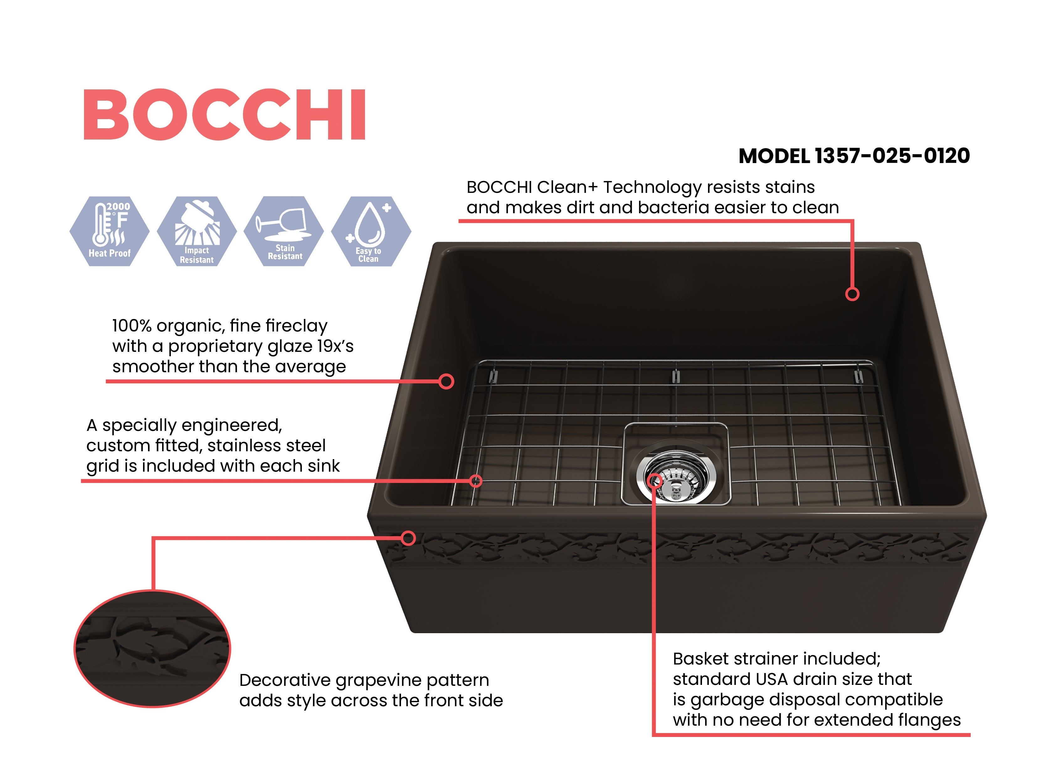 BOCCHI Vigneto 27" Fireclay Farmhouse Apron Single Bowl Kitchen Sink, Matte Brown, 1357-025-0120