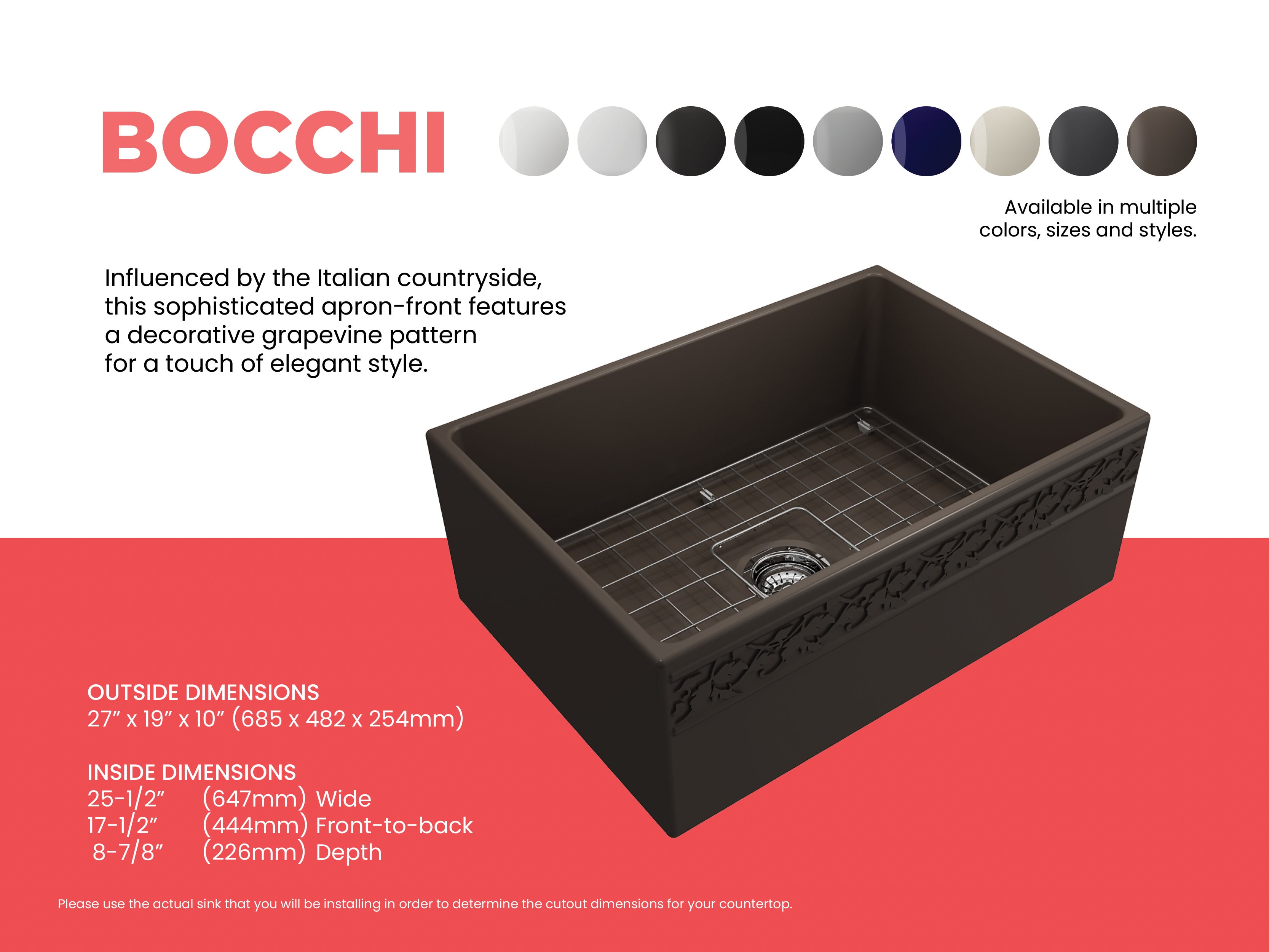 BOCCHI Vigneto 27" Fireclay Farmhouse Apron Single Bowl Kitchen Sink, Matte Brown, 1357-025-0120