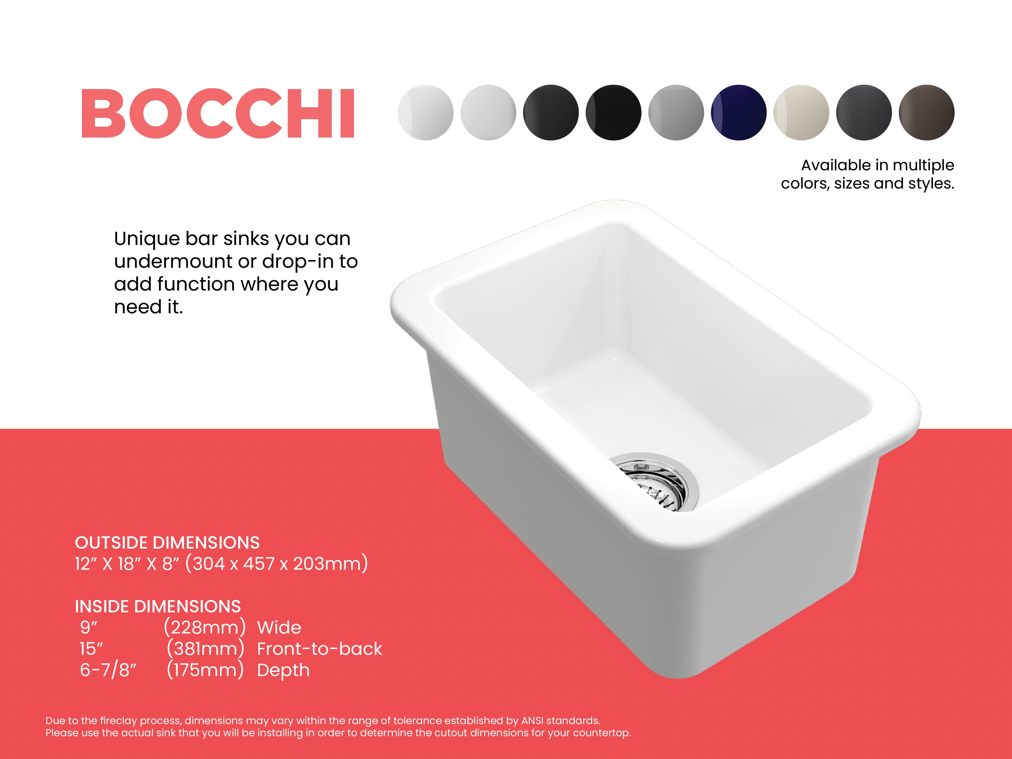 BOCCHI Sotto 12" Fireclay Undermount Single Bowl Bar Sink with Strainer, Matte White, 1358-002-0120