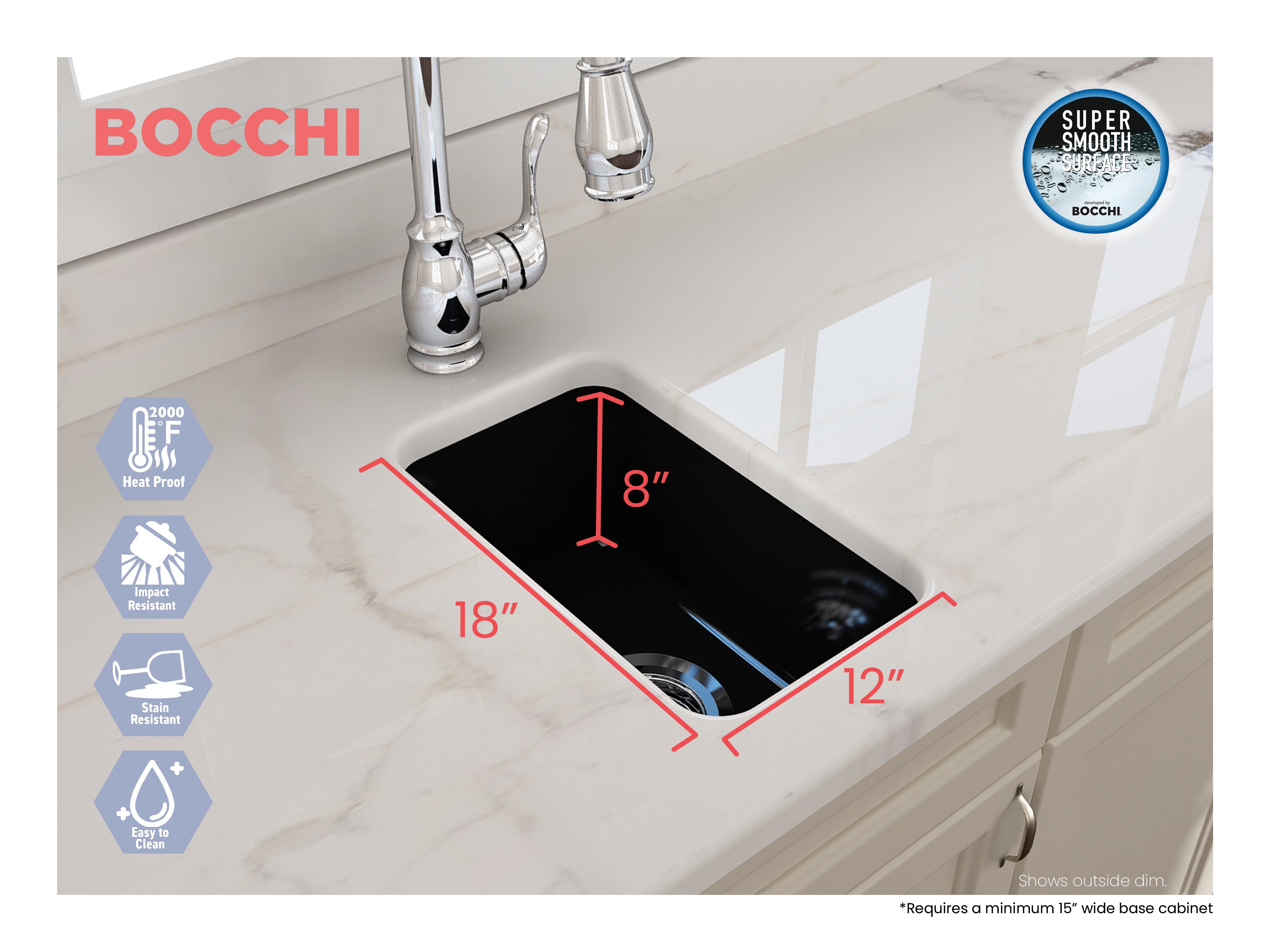 BOCCHI Sotto 12" Fireclay Undermount Single Bowl Bar Sink with Strainer, Black, 1358-005-0120