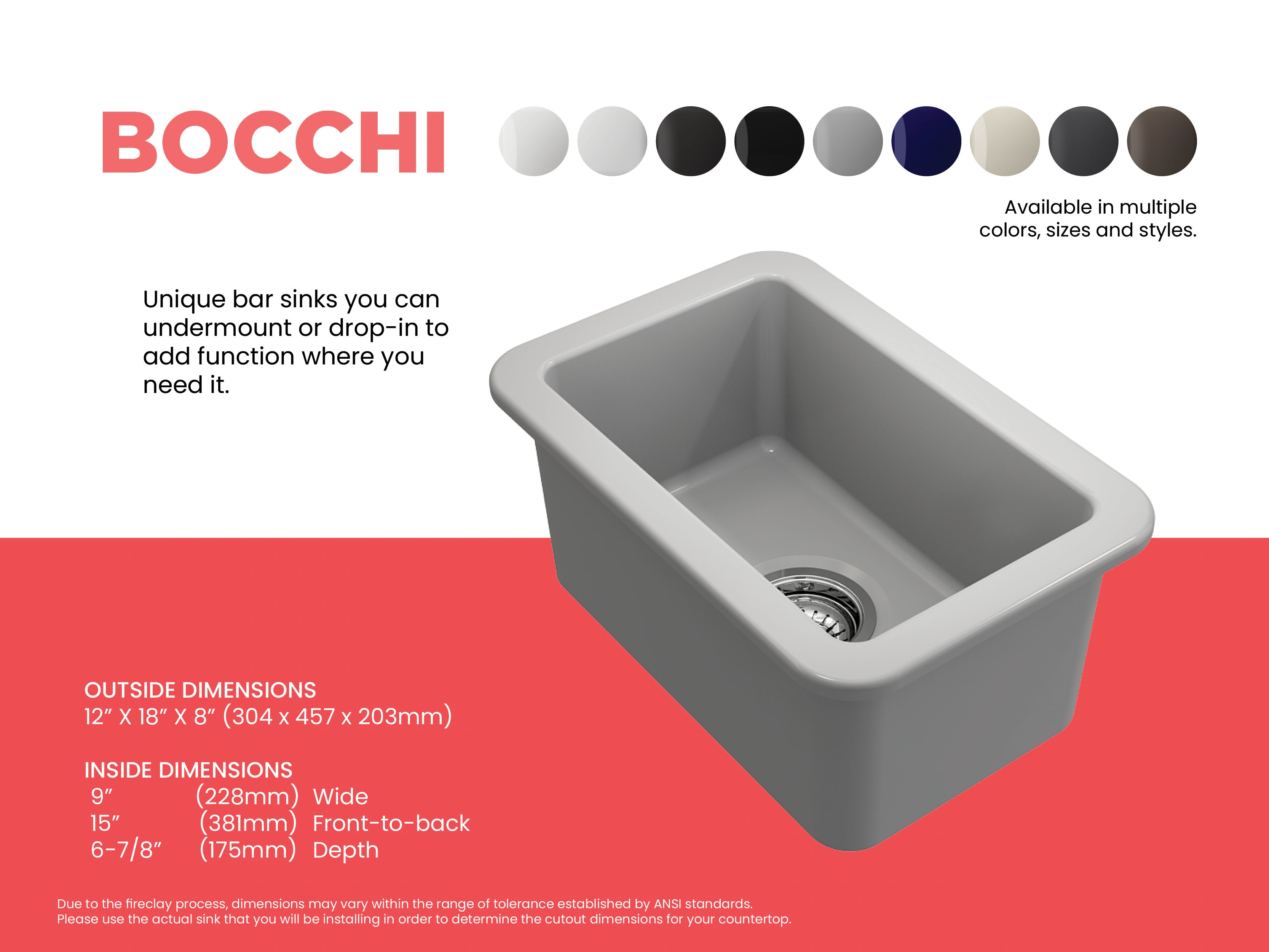 BOCCHI Sotto 12" Fireclay Undermount Single Bowl Bar Sink with Strainer, Matte Gray, 1358-006-0120