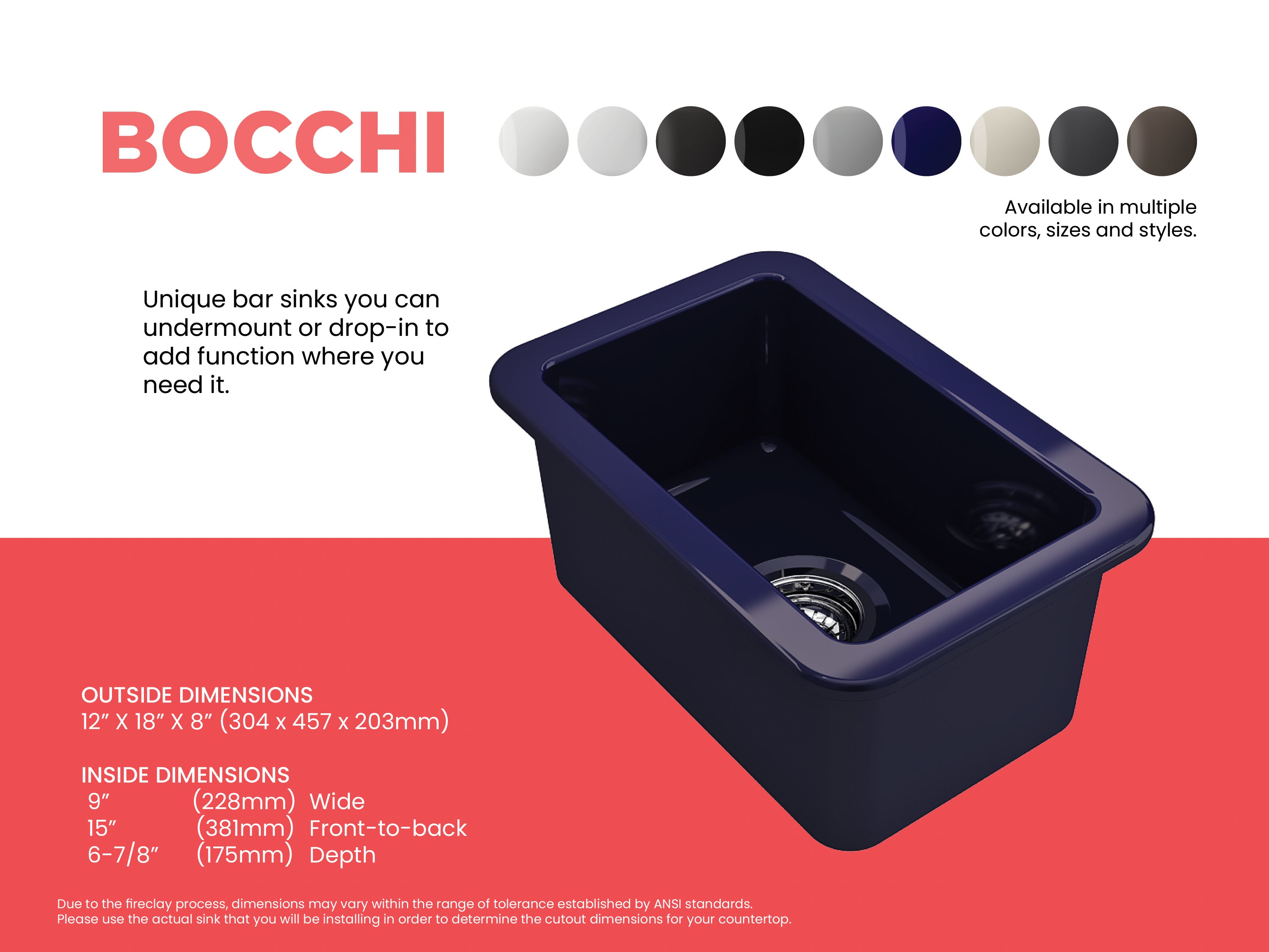 BOCCHI Sotto 12" Fireclay Undermount Single Bowl Bar Sink with Strainer, Sapphire Blue, 1358-010-0120