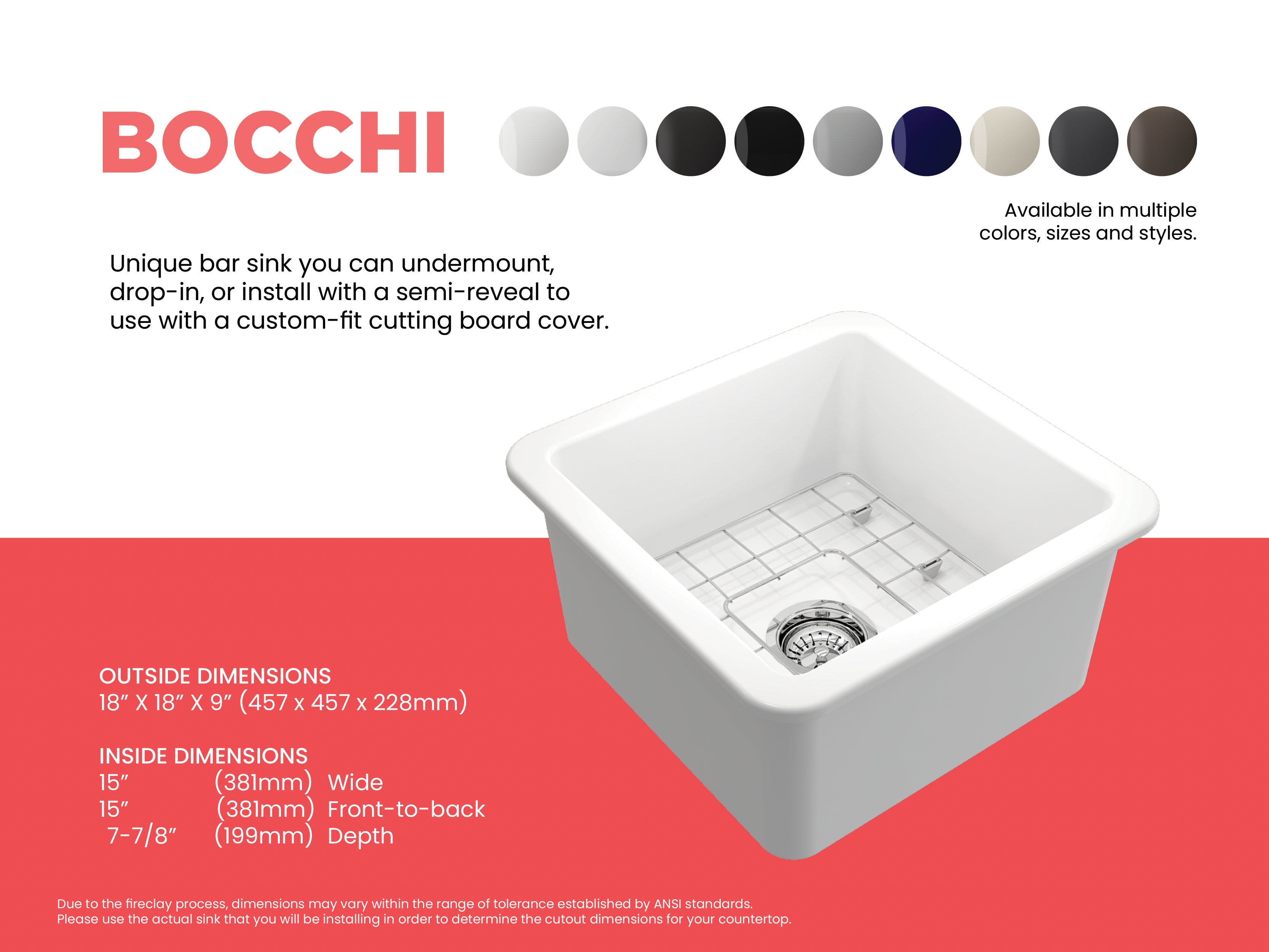 BOCCHI Sotto 18" Fireclay Undermount Single Bowl Bar Sink with Protective Bottom Grid and Strainer, Matte White, 1359-002-0120